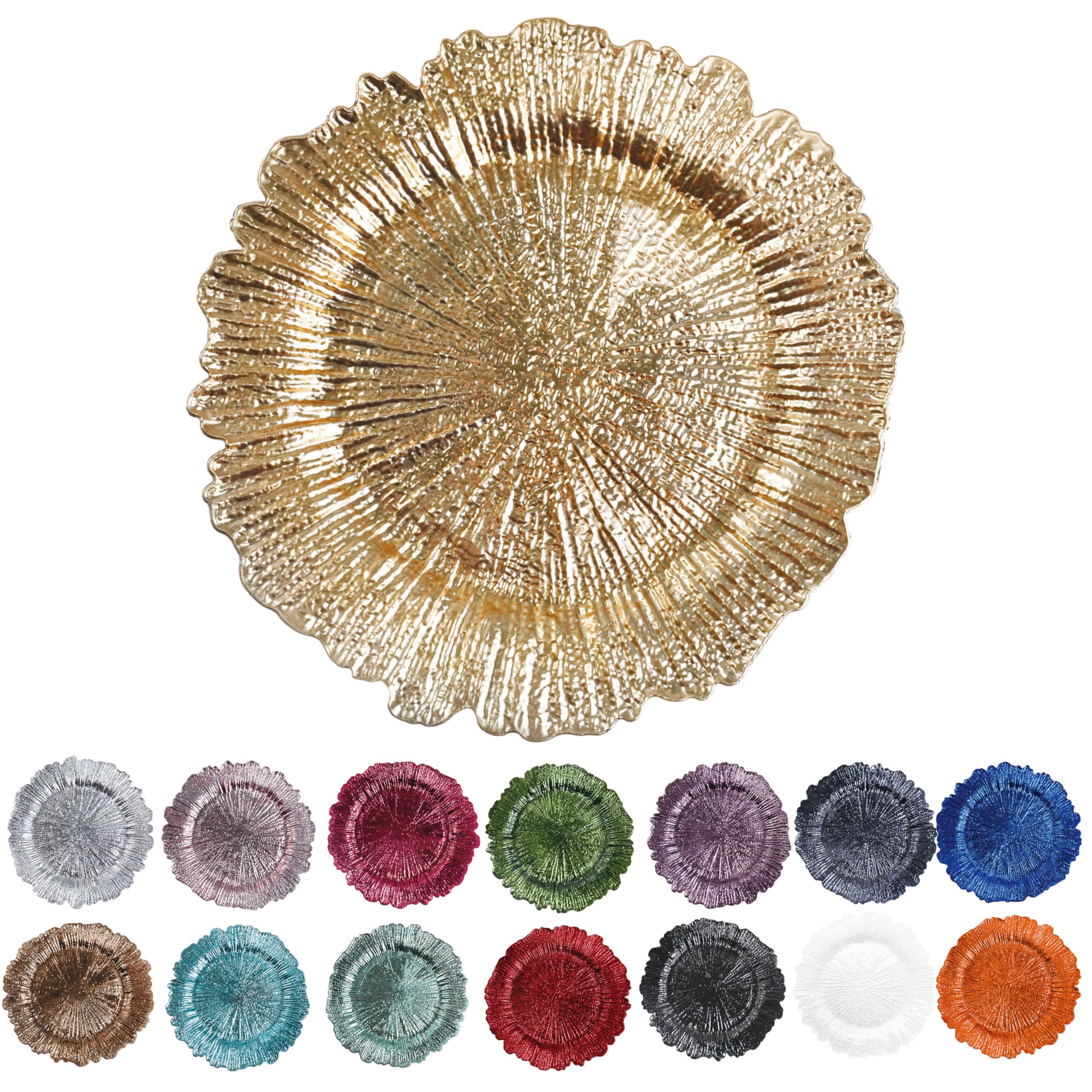 Evershine 12-Pack 13 Inch Gold Plastic Charger Plates with Floral Reef Design - Elegant Dinner Plates for Wedding, Party & Table Setting Decor - Perfect for Formal Dining, Buffets & Special Events