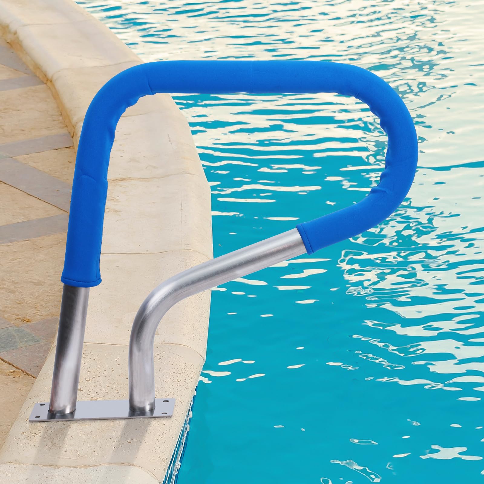 32 x 23 Inch 304 Stainless Steel Swimming Pool Handrail with Blue Grip Cover - Rustproof Safety Rail for Inground Pools - Perfect for Pool Entry/Exit & Elderly/Swimmer Support