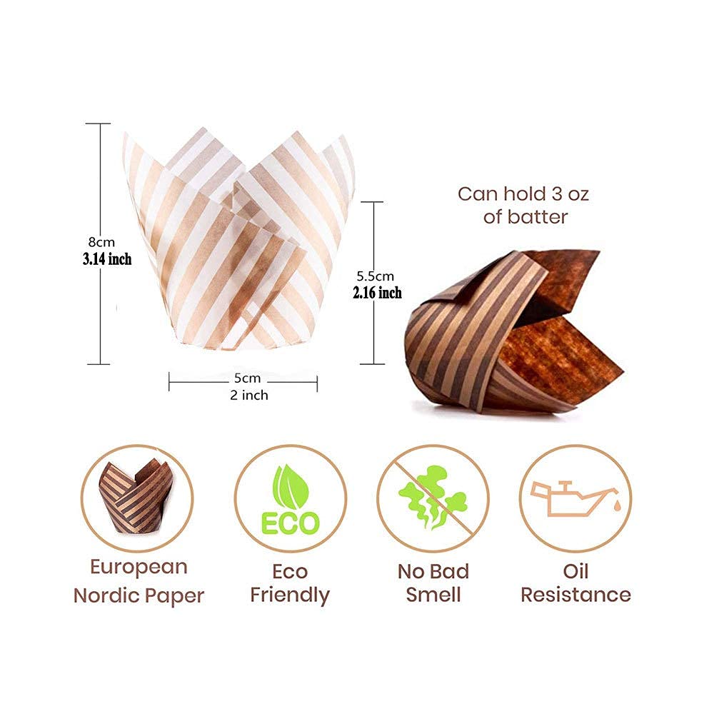100 Pcs Brown Stripes Tulip Style Baking Paper Cups - Grease-Proof Cupcake Liners & Muffin Wrappers for Wedding, Birthday Party Baking - Perfect for Home Baking, Party Desserts & Holiday Treats