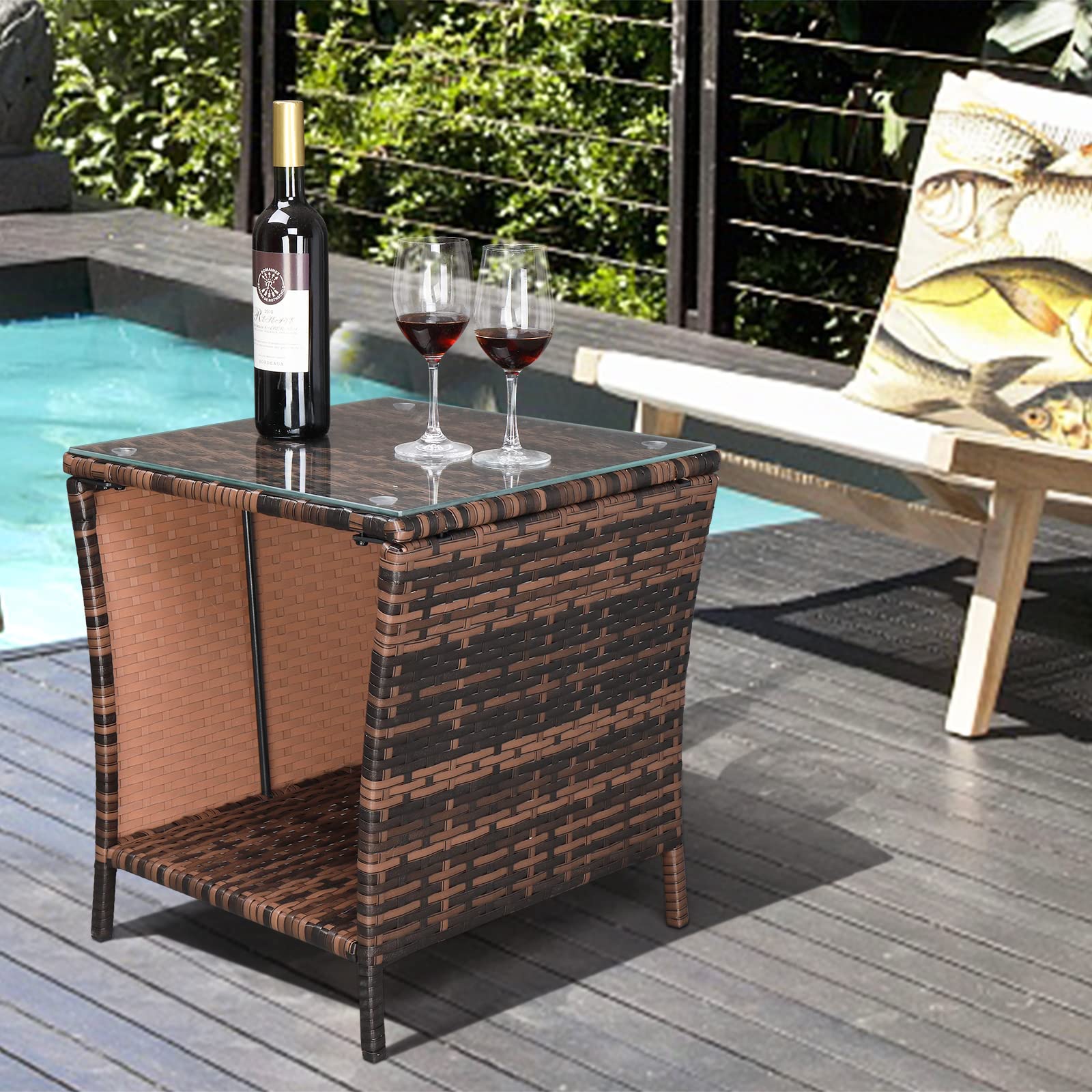 HomVent Wicker Side Table with Storage - Brown Outdoor Coffee Table for Patio & Garden