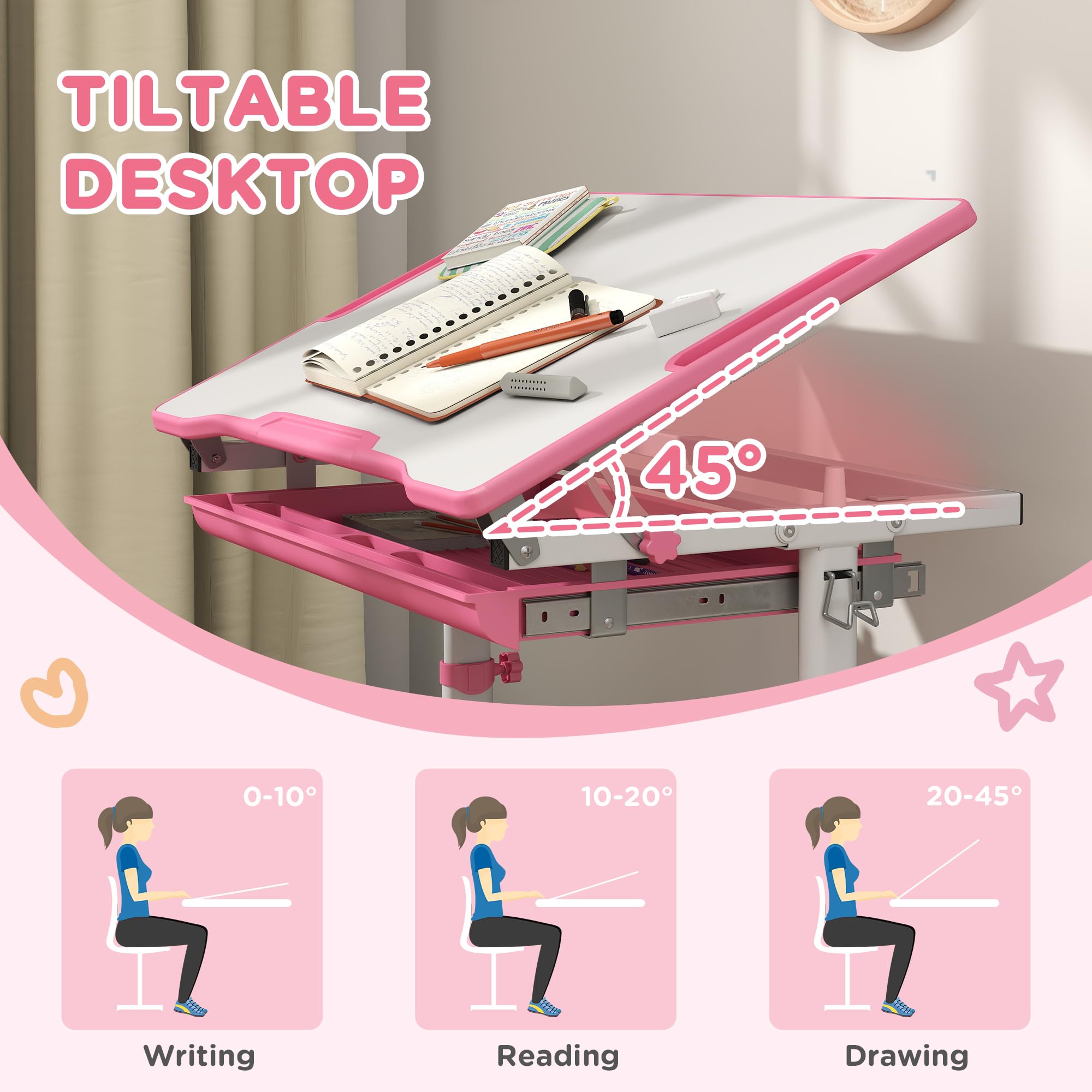 Qaba Adjustable Kids Desk and Chair Set - Ergonomic Study Desk with Tiltable Desktop, Storage Drawer & Pen Holder for Children - Perfect for Homeschooling, Online Learning & Bedroom Study (Pink)
