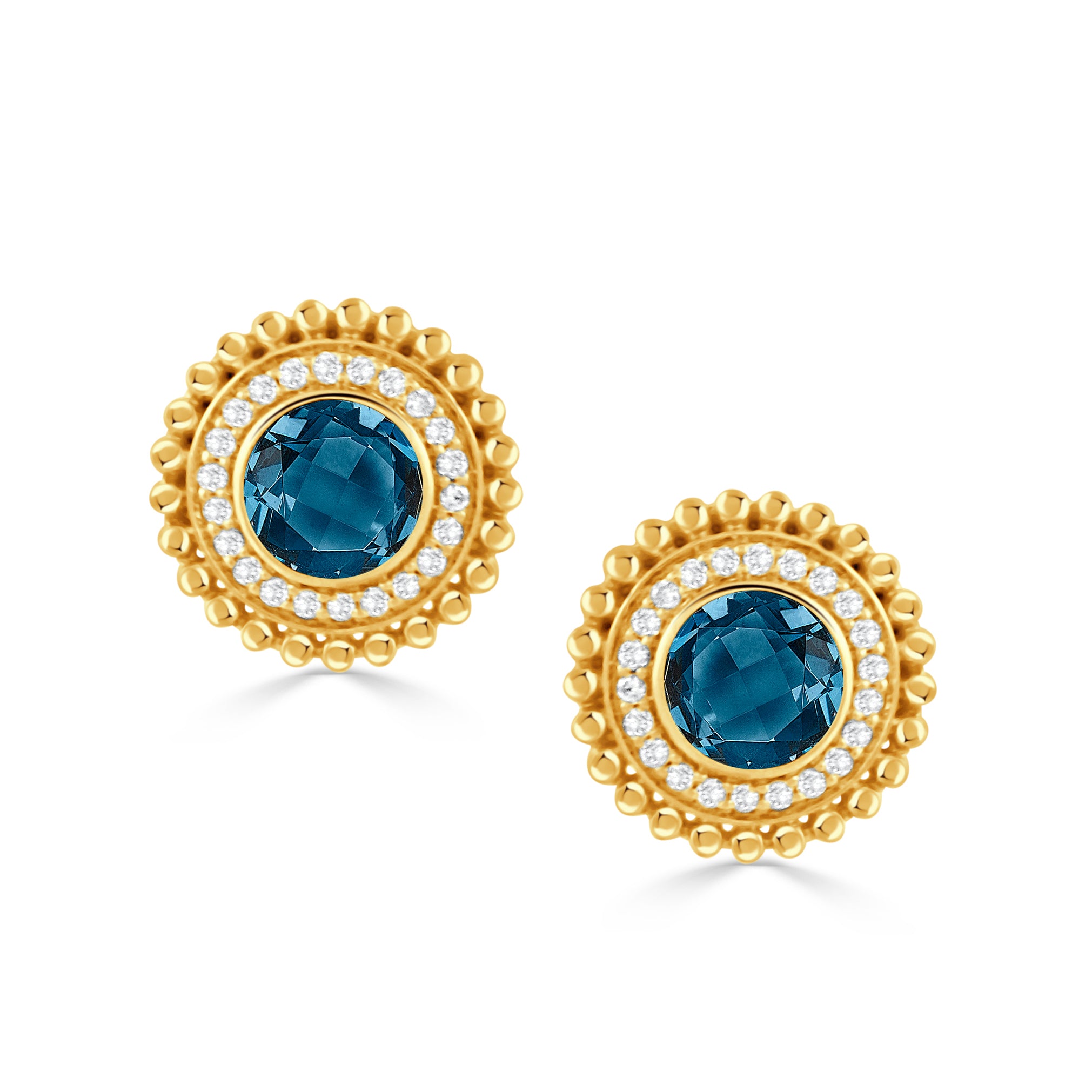 London Blue Topaz & Diamond 18K Gold Beaded Stud Earrings for Women - Elegant Jewelry Gift for Birthday, Anniversary & Special Occasions