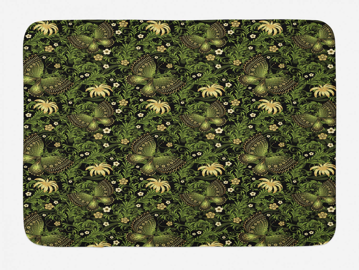 Ambesonne Sage Bath Mat - Vintage Spring Inspired Design with Butterflies, Blossoms & Swirled Leaves | Non-Slip Plush Bathroom Decor | 30.2
