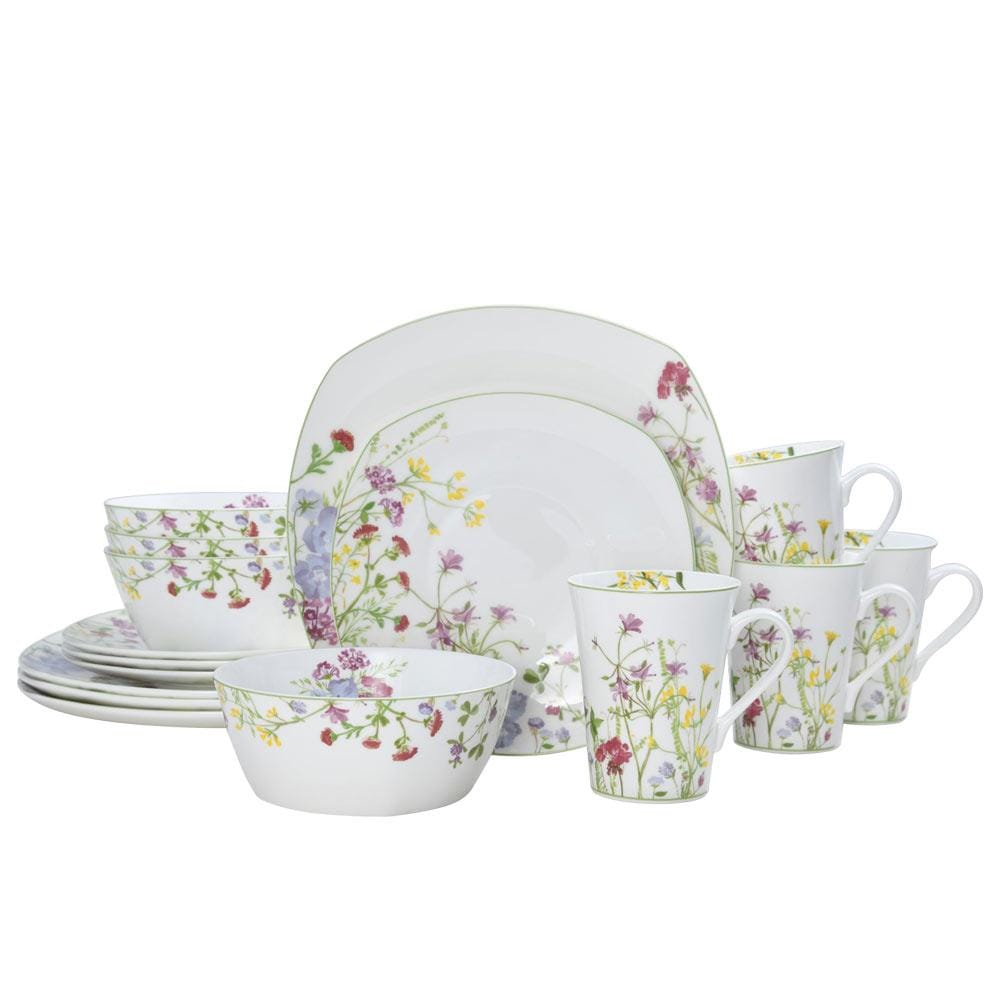 16-Piece Wildflower Garden Square Dinnerware Set - Service for 4, Floral Printed Stoneware Plates & Bowls - Perfect for Spring Brunch, Outdoor Picnics & Farmhouse Dining