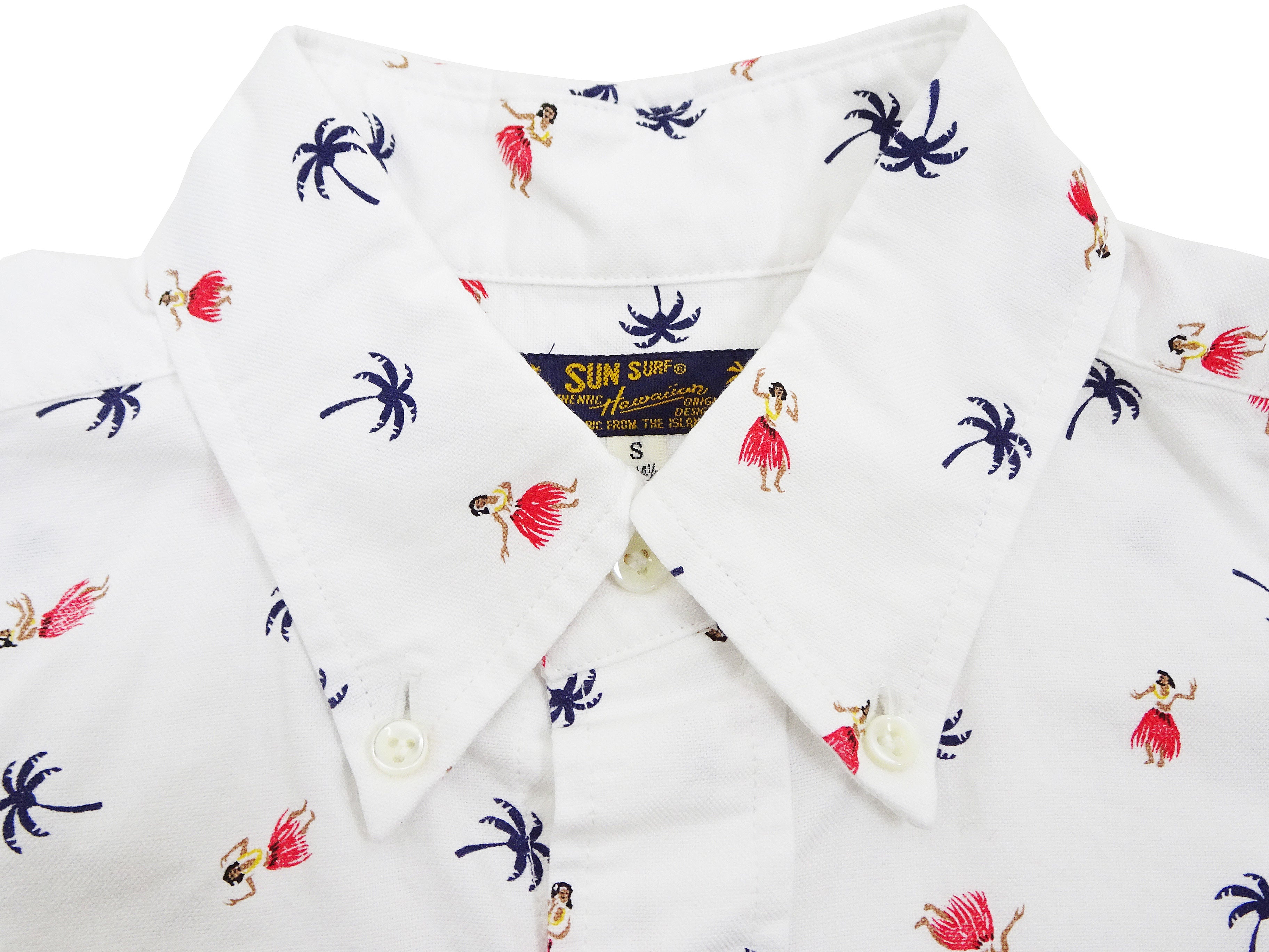Men's Casual Short Sleeve Button Down Shirt - Sun Surf Hula Dancer & Palm Tree All Over Print Oxford Shirt (SS39282) in Off White - Perfect for Beach Parties, Summer Vacations & Tropical Getaways