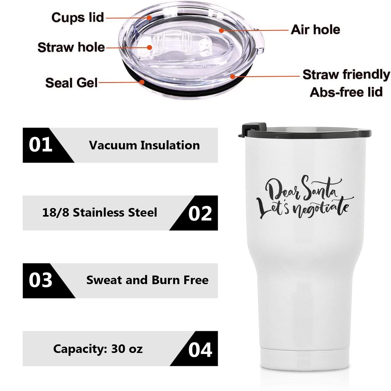 Dear Santa Let's Negotiate Tumbler - 30oz Stainless Steel Insulated Travel Mug for Coffee & Tea, Christmas Holiday Themed Cute Kitchen Decor - Perfect for Office, Home, Gifts & Winter Adventures