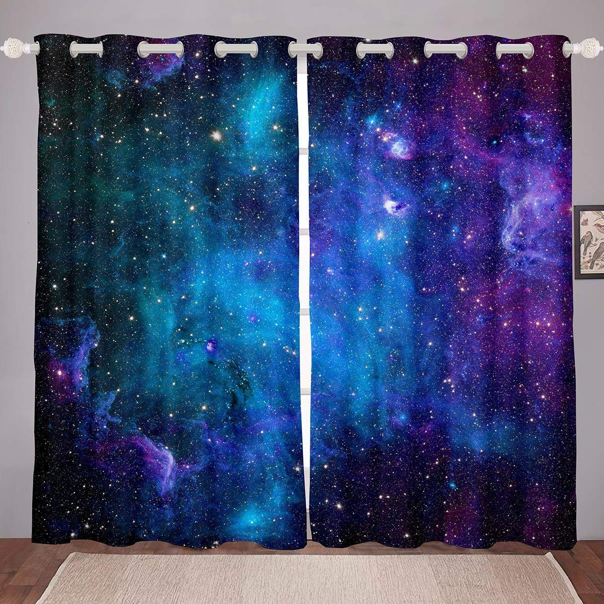 Galaxy Outer Space Blackout Curtains - Thermal Insulated Universe & Starry Sky Design in Blue & Purple for Bedroom & Living Room (2 Panels) | Perfect for Kids Room, Nursery, Home Theater & Dark Sleep Environment