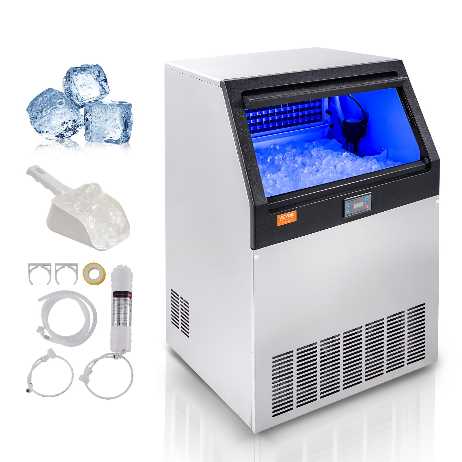 VEVOR Commercial Ice Maker Machine 265LBS/24H with 80LBS Storage - Fast 12-15 Minute Ice Production (90 Cubes) - Perfect for Bars, Restaurants, Home & Office Use - Countertop Ice Machine for Cocktails, Beverages & Food Display