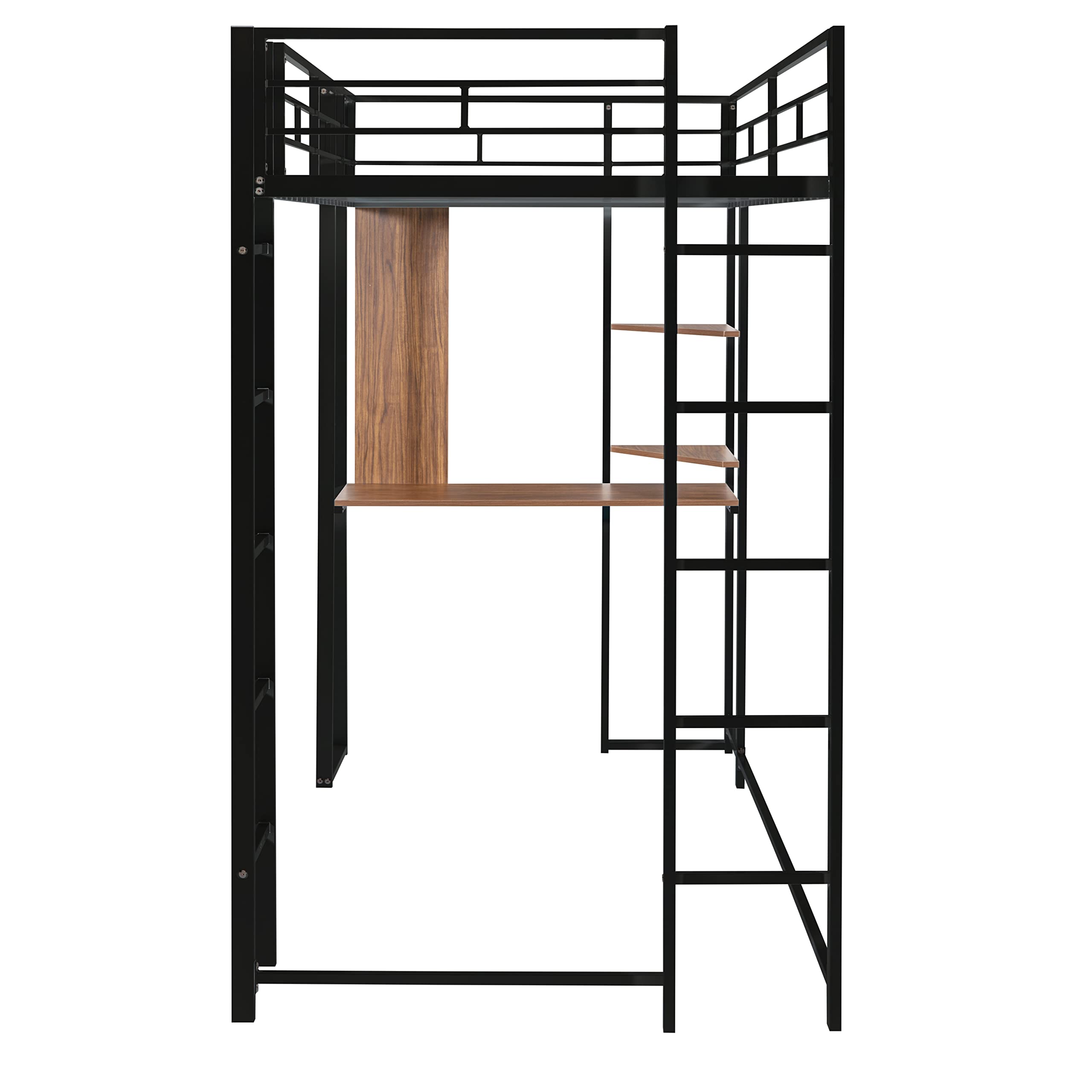 Twin Size Loft Bed with Study Desk & Storage Shelves - Sturdy Metal Frame with Safety Ladders & Guardrails - Space-Saving Design for Small Bedrooms, Dorms or Guest Rooms - Black Modern Furniture for Teens & Adults