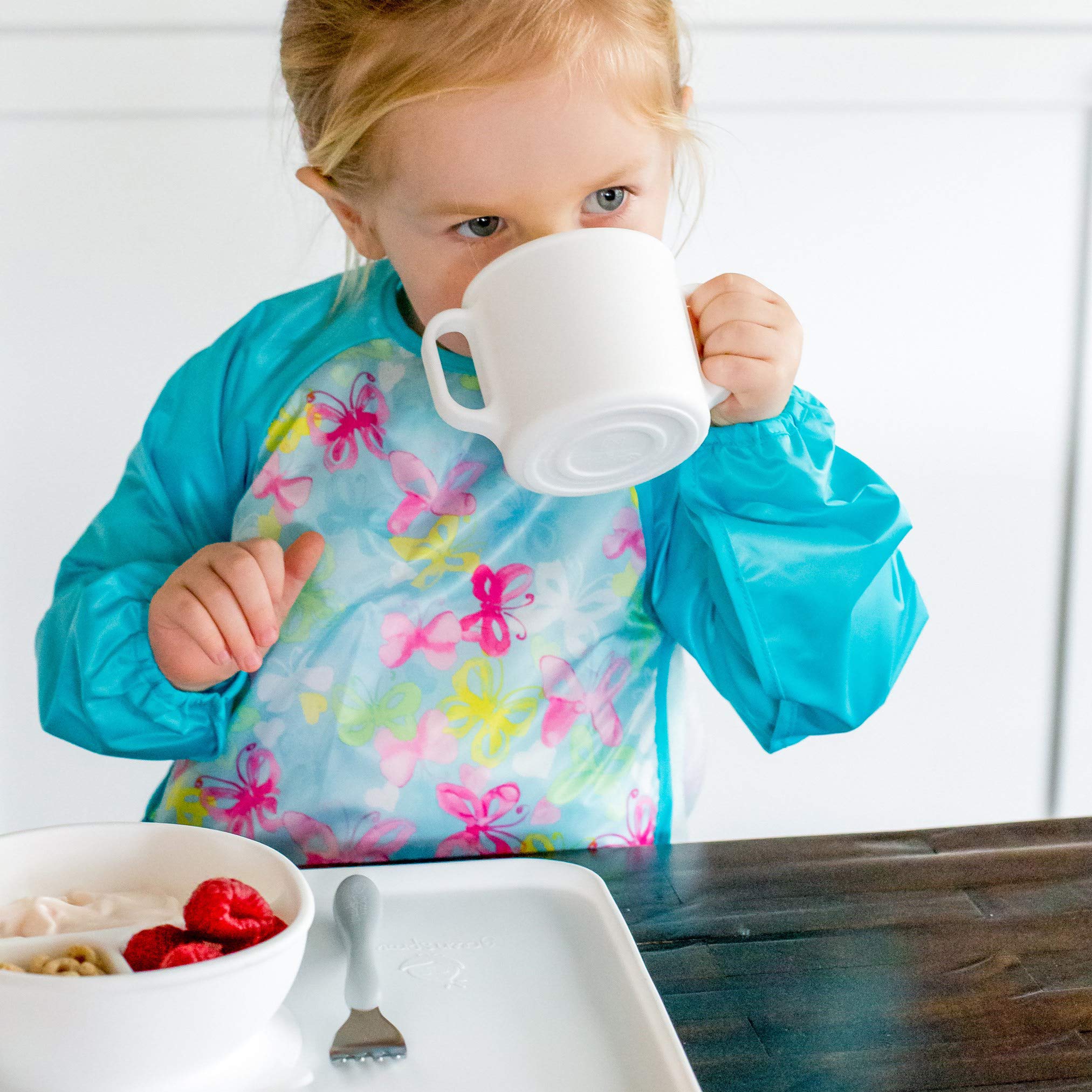 Green Sprouts Easy-Wear Long Sleeve Baby Bib - Waterproof Feeding Smock with Flip Pocket | Soft, Machine Washable Fabric | Perfect for Mealtime, Painting & Messy Play