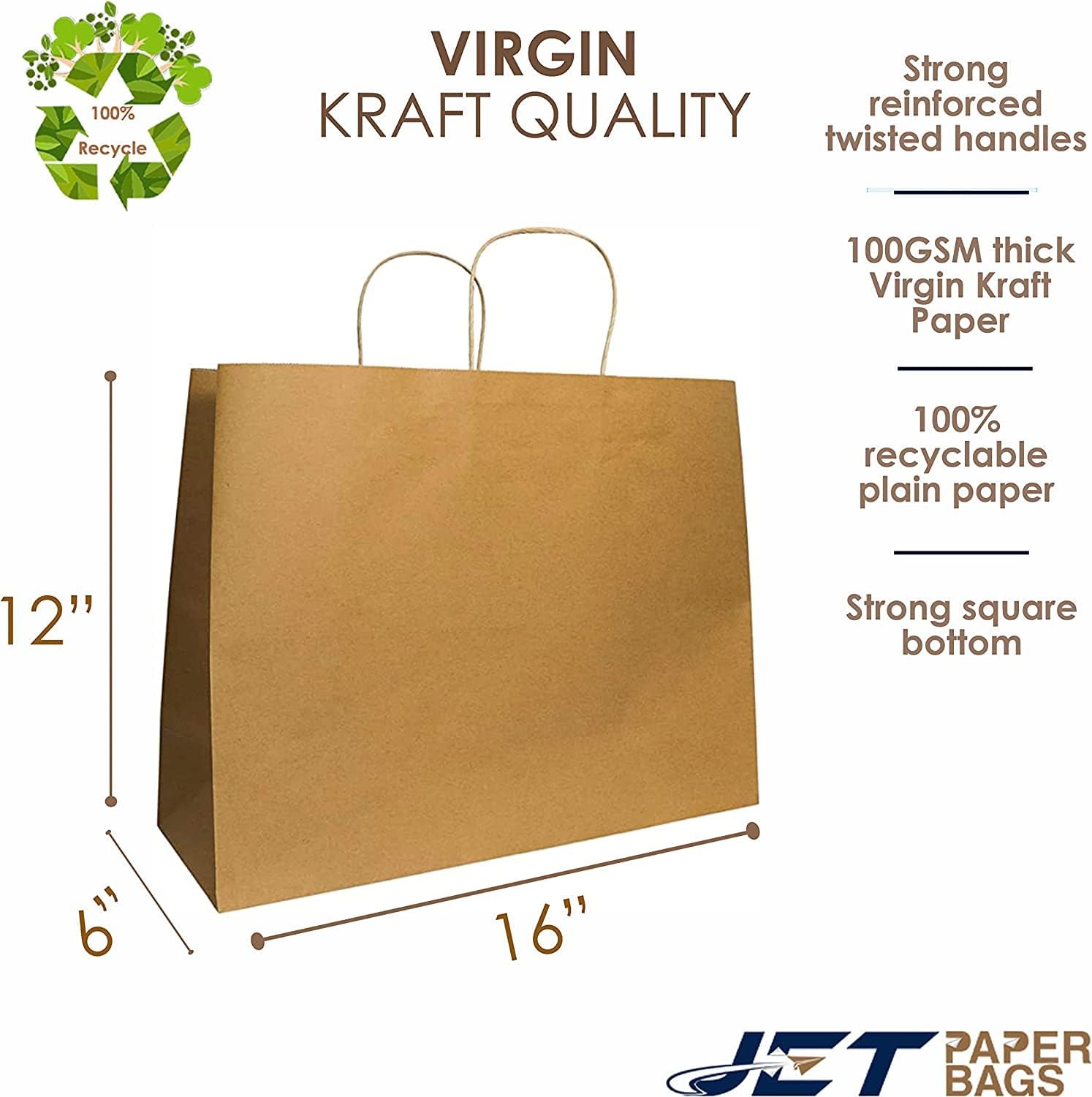 JET PAPER BAGS - 16x6x12 Inches [250 Pack] Large Brown Kraft Paper Bags with Handles for Takeout, Grocery, Retail, Parties, Gifts & Weddings - Eco-Friendly Recyclable Gift Bags - Perfect for Food Delivery, Shopping, Birthday Favors & Wedding Decorations