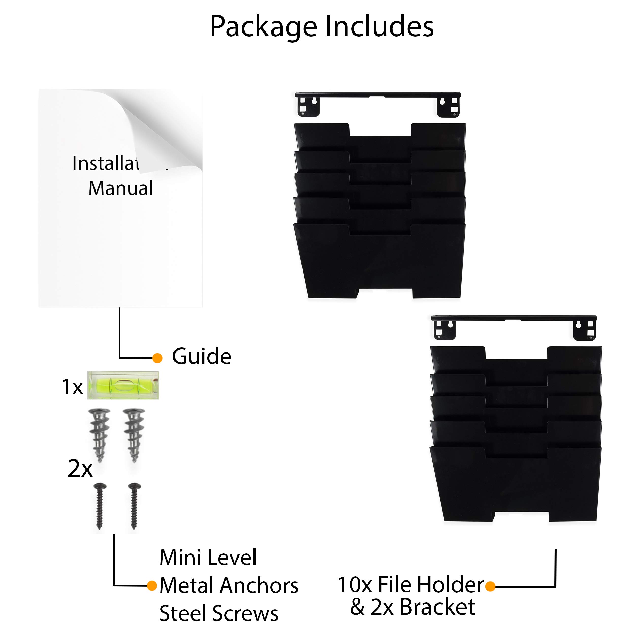 Wallniture Lisbon 10-Tier Wall Mounted File Holder & Desk Organizer - Black Metal Office Storage Rack for Documents, Mail & Supplies - Perfect for Home Office, Classroom & Workspace Organization