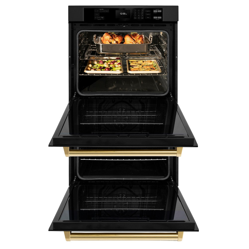 ZLINE Autograph Edition 30 Inch Black Stainless Steel Double Wall Oven with Air Fry & Self Clean - Professional True Convection Oven with Polished Gold Handles (WADBZ 30 G) - Perfect for Home Chefs & Modern Kitchens
