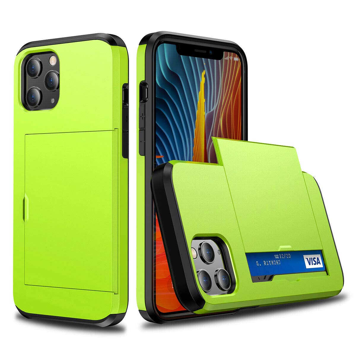 Ultra-Thin Shockproof Hard Back Silicone Case with Credit Card Holder for iPhone 12 Pro Max - Dual Layer Protective Design with ID Card Slot (Neon Green) | Perfect for Daily Use, Travel & Hands-Free Convenience