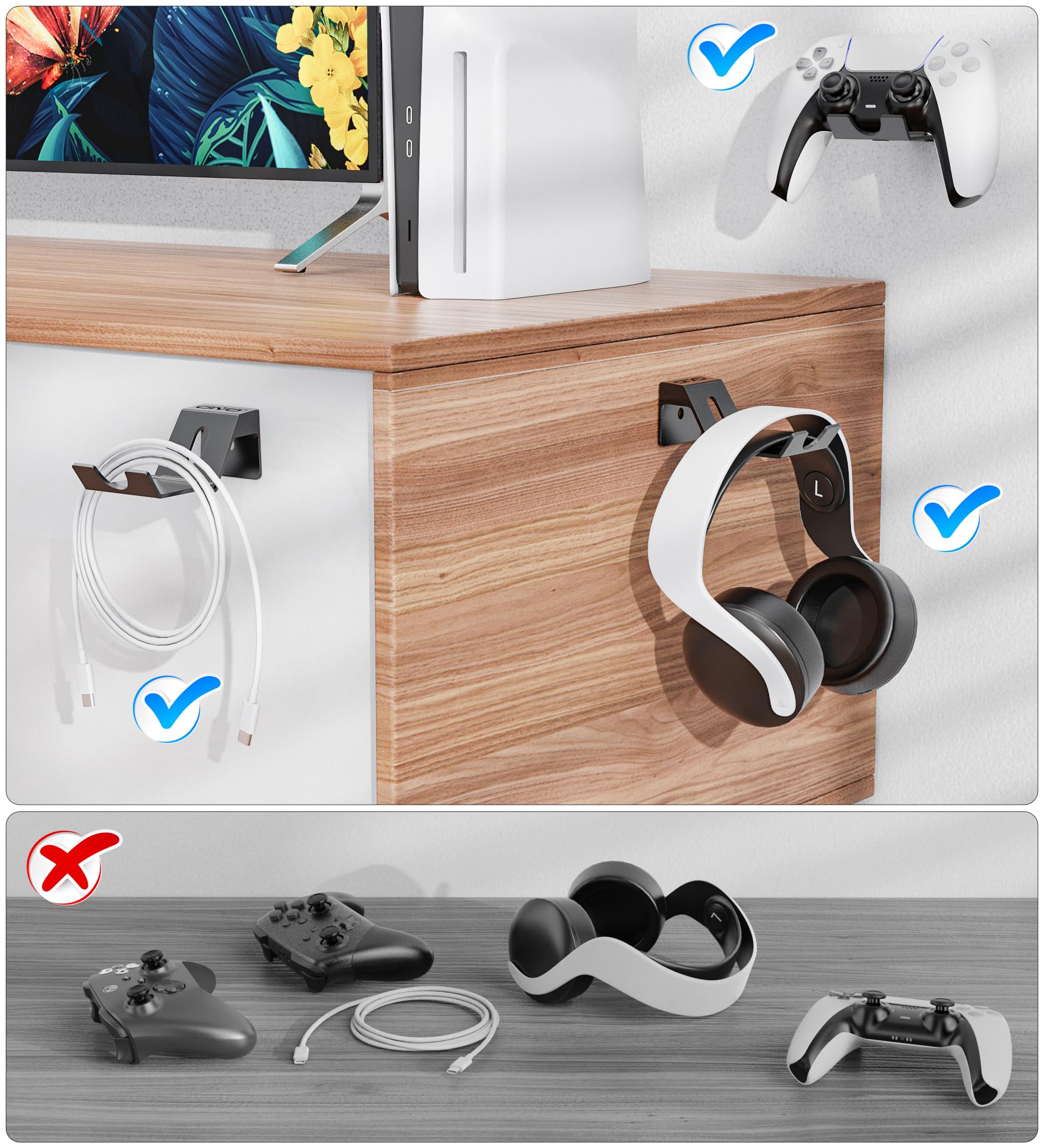 OIVO Foldable Wall Mount Holder Stand for Gaming Controllers & Headsets - Universal Storage Organizer for PS5, Xbox, Nintendo Switch Accessories (8-Pack) - Perfect for Gaming Setup & Headphone Organization