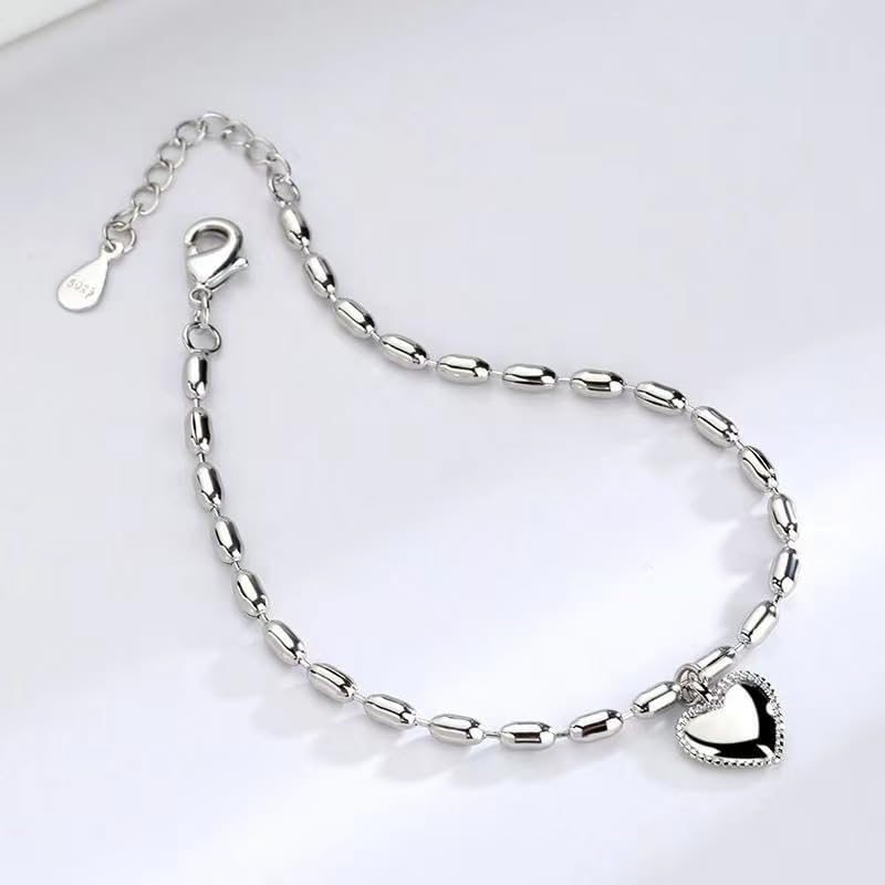 Sterling Silver Friendship Bracelet Adjustable Shiny Beaded Bracelet with Heart Charm for Women & Girls - Perfect Birthday Gift for Best Friends, Sister & Loved Ones (Great for Everyday Wear, Special Occasions & Gift Giving)