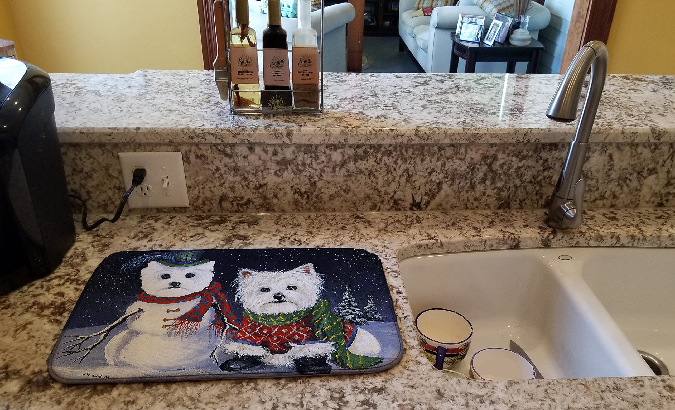 Westie Christmas Dish Drying Mat - Absorbent Kitchen Counter Pad for Holiday Decor