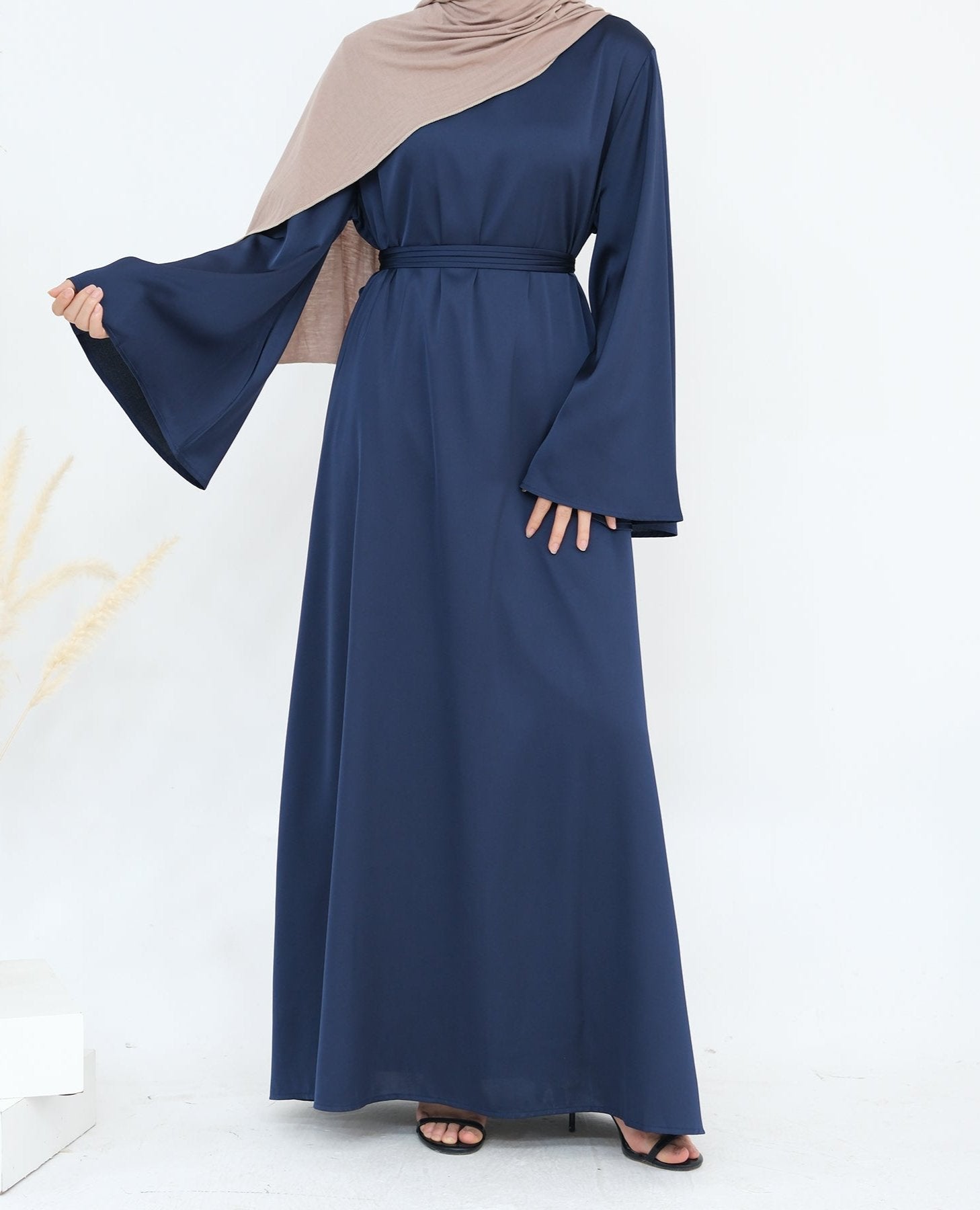 Elegant Calista Trumpet Sleeves Satin Dress in Denim Blue - Perfect for Weddings, Parties & Special Occasions