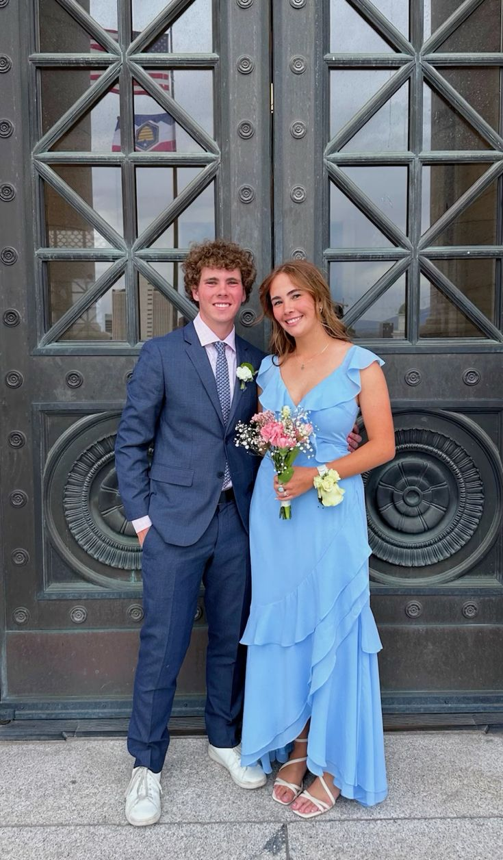 Elegant Blue Chiffon Long Prom Dress with Ruffle Details - Formal Evening Gown for Homecoming, Ball & Special Occasions - Style J5490