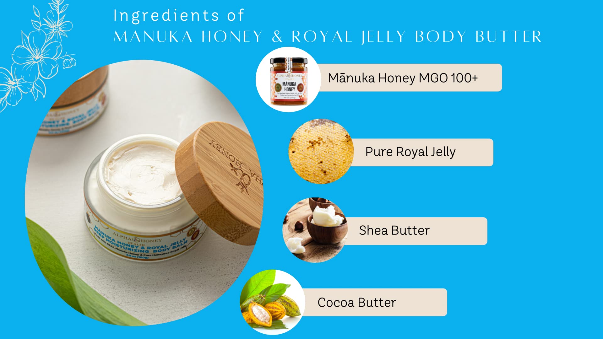 Organic Honeysuckle Jasmine Manuka Honey & Royal Jelly Body Butter - Deep Moisturizing Skin Care for Dry, Sensitive Skin - Perfect for Daily Hydration & Nighttime Nourishment