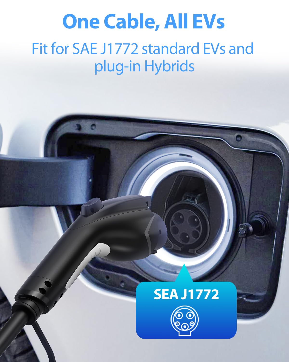 50Amp 20ft J1772 EV Charger Extension Cable - SAE J1772 Compatible for Level 1 & Level 2 EV Chargers - IP66 Waterproof with Carrying Bag - Perfect for Home, Workplace & Public Charging Stations