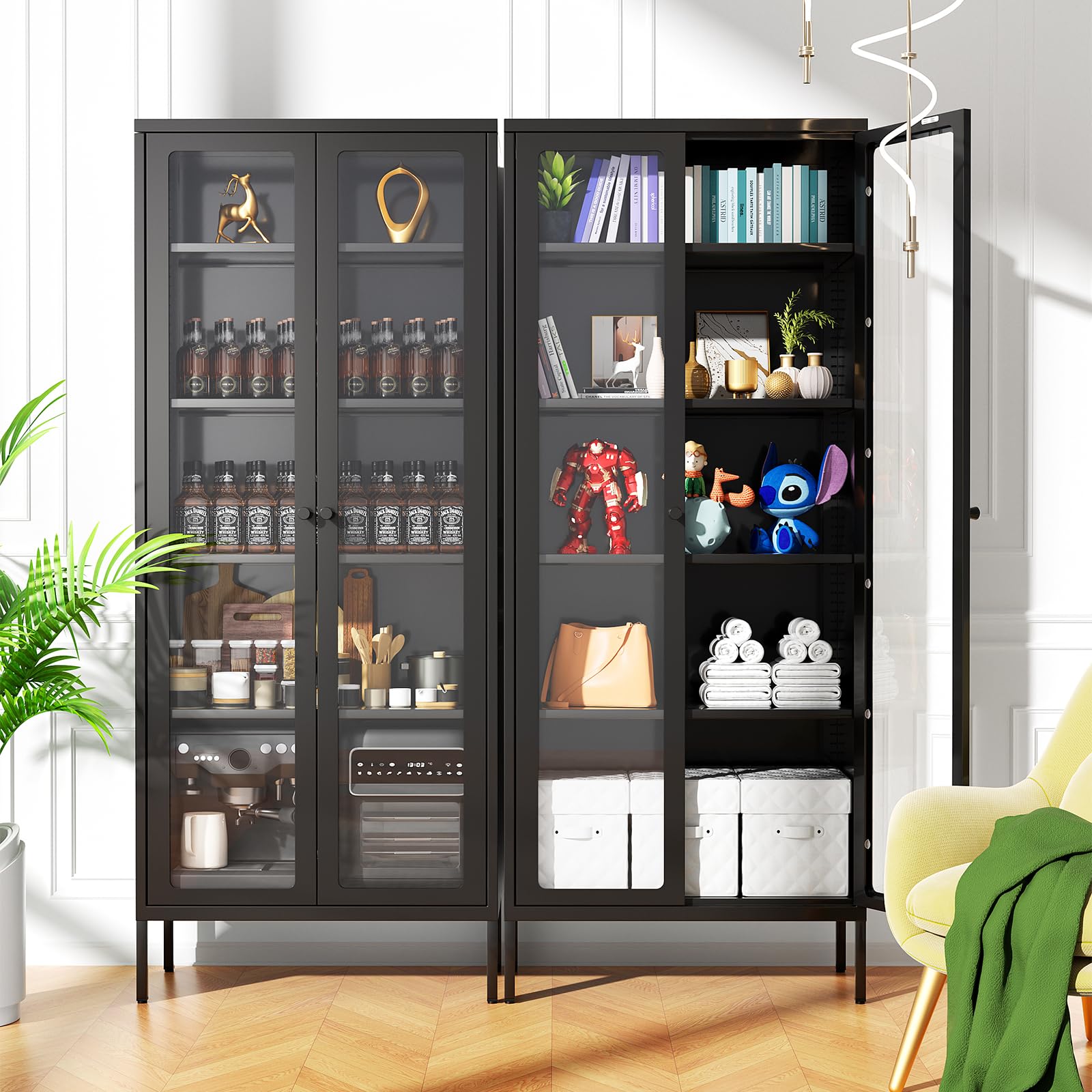Betterland Black Metal Storage Cabinet with 2 Glass Doors & 4 Shelves - Lockable Curio Display Cabinet for Home, Pantry, Kitchen - Perfect for Showcasing Collectibles, Storing Spices, or Organizing Kitchen Supplies