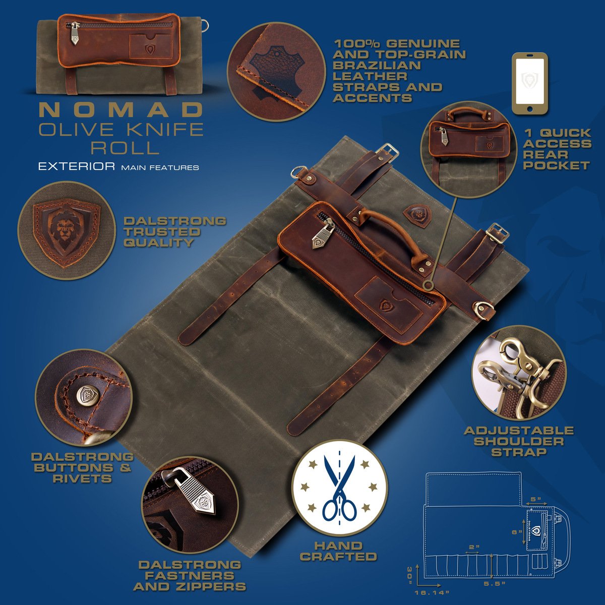 12oz Heavy Duty Canvas & Leather Knife Roll - Army Green - Dalstrong Nomad Series | Perfect for Chefs, Butchers & Culinary Professionals | Portable & Durable Knife Storage Solution