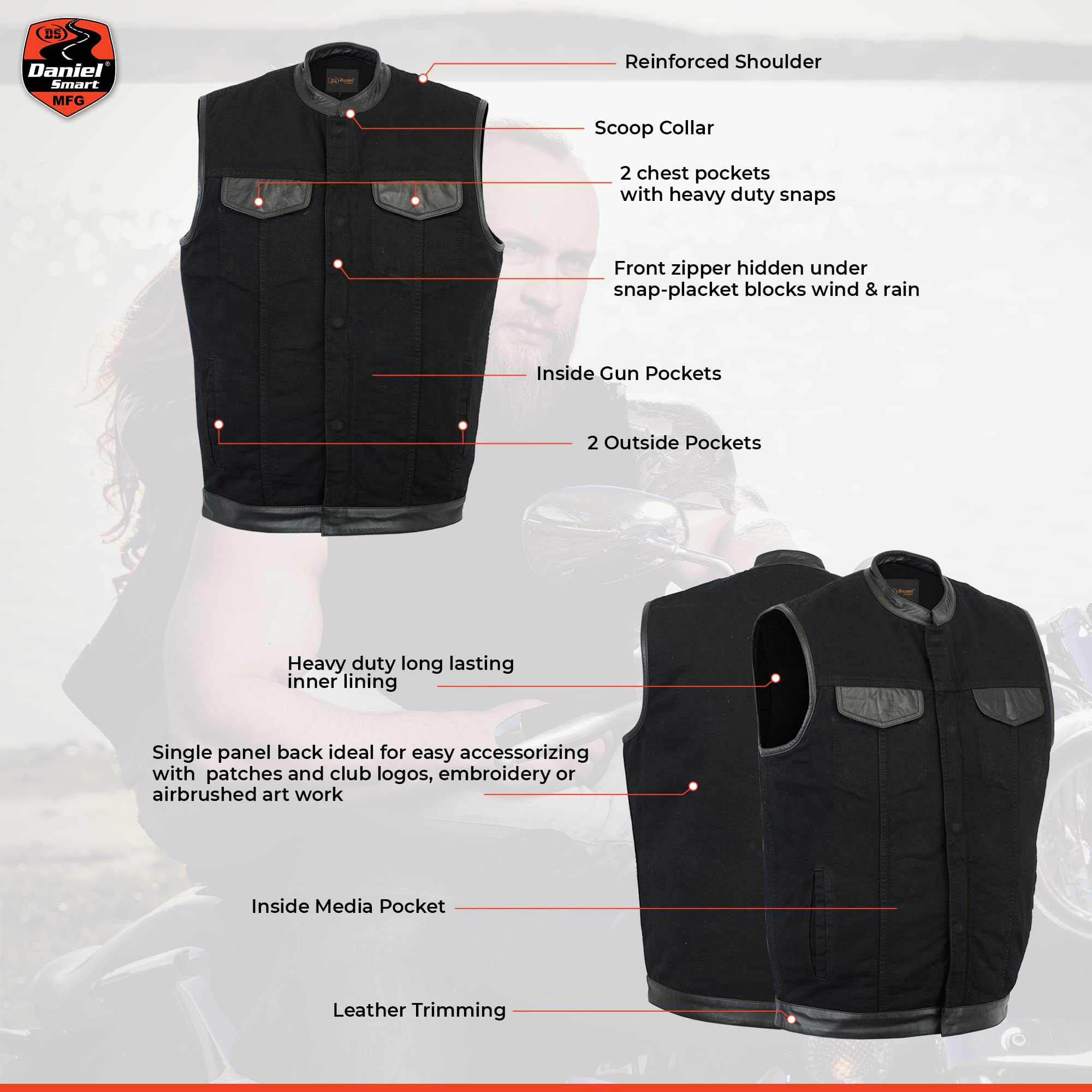 Daniel Smart Men's Black Denim Vest with Leather Detailing - Motorcycle Vest with Concealment Armory Pocket for Bikers & Outdoor Enthusiasts | Stylish & Functional Riding Gear for Harley, Cruiser & Adventure Motorcycles