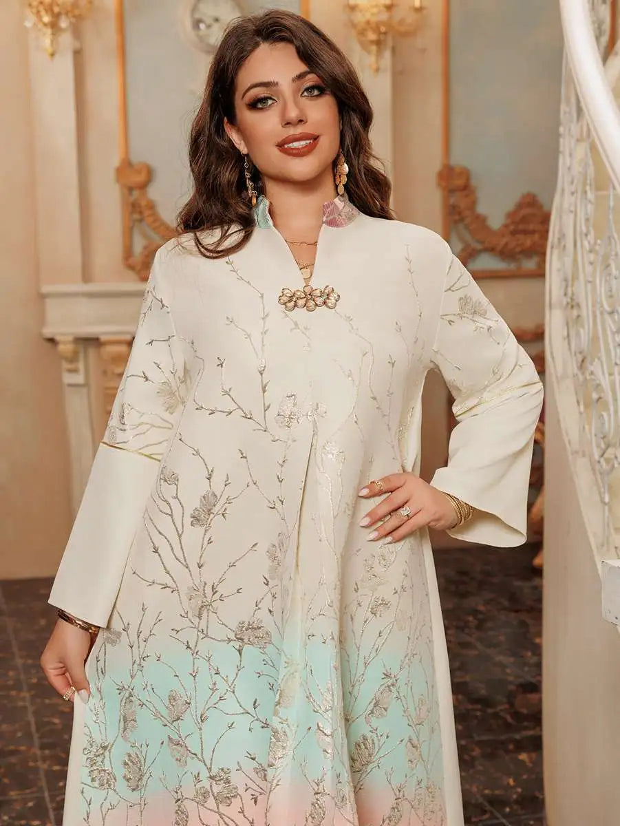 Elegant Eid Gradient Jacquard Kaftan Dress for Muslim Women - Modest Jalabiya Abaya for Prayer, Parties & Special Occasions