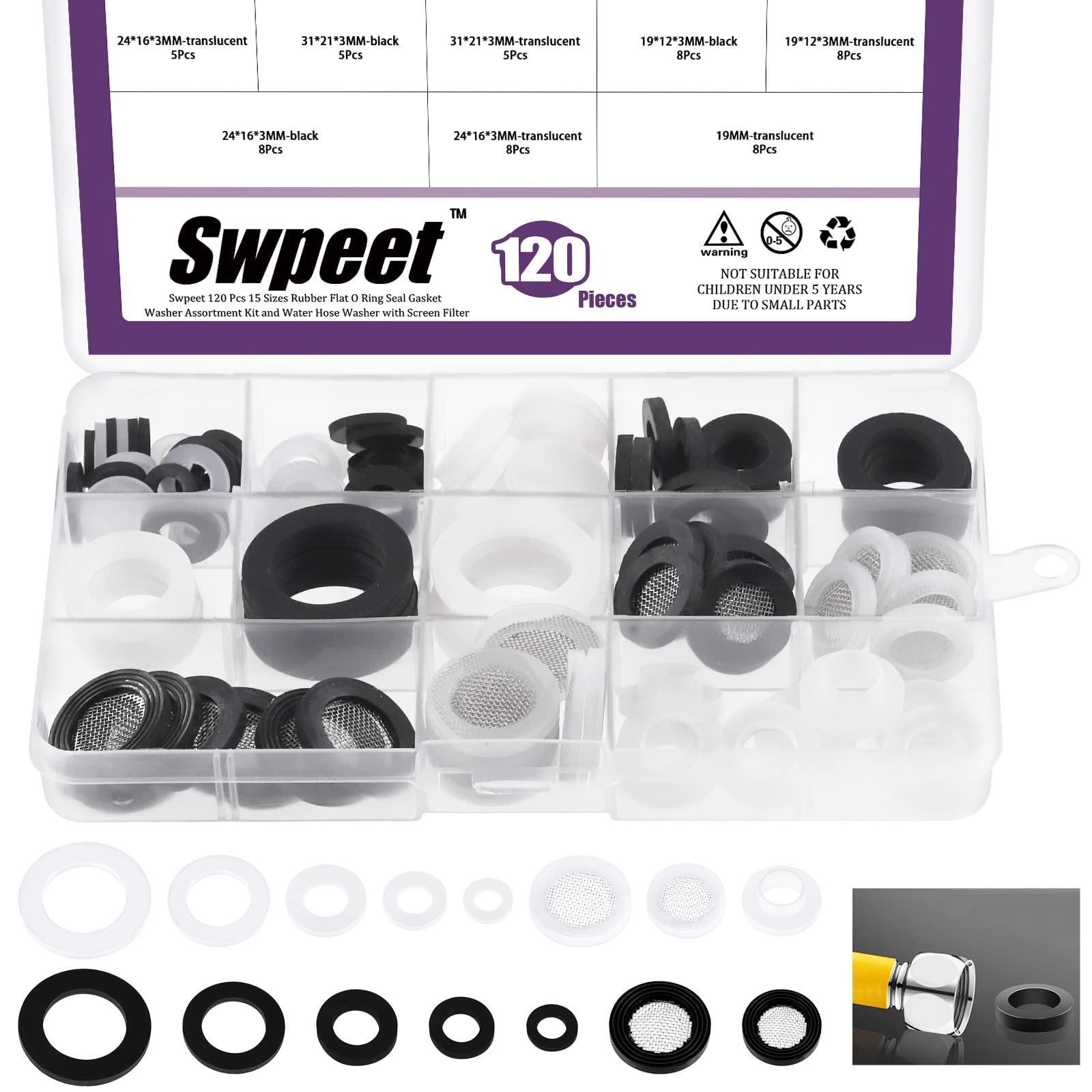 Swpeet 120Pcs 5 Sizes Flat Rubber Washers & O-Ring Kit - Plumbing, Shower Head, Garden Hose Gasket Assortment with Screen Filter - Perfect for Home Repair, DIY Projects, and Water System Maintenance