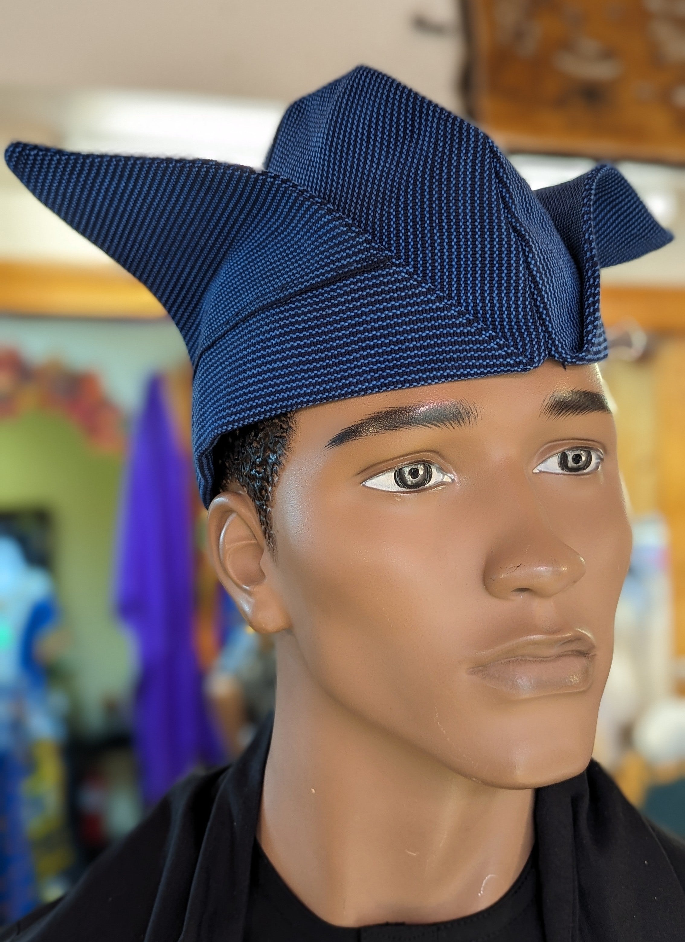 Dupsie's Blue Orin Aso Oke Abeti Aja Kufi Cap Hat DPHSOB10 - Traditional Nigerian Hat for Men, African Cultural Headwear for Weddings & Special Occasions