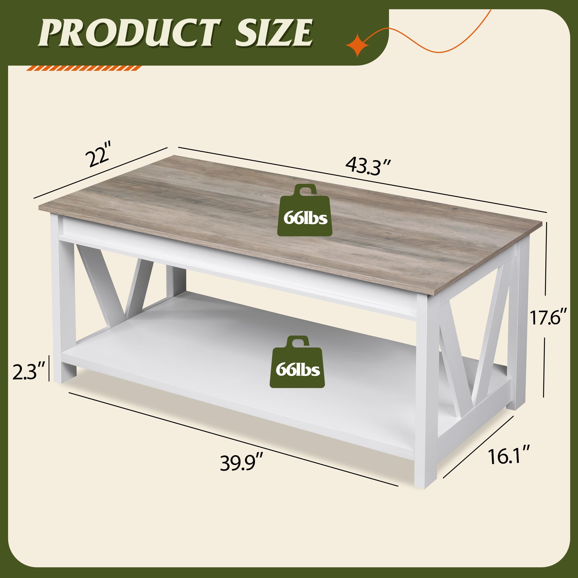 43 Inch Farmhouse Coffee Table with Storage Shelf & V-Shaped Support - Solid Wood Living Room Center Table for Bedroom, Office, Balcony - White | Rustic Home Decor, Perfect for Small Spaces & Coffee Lovers
