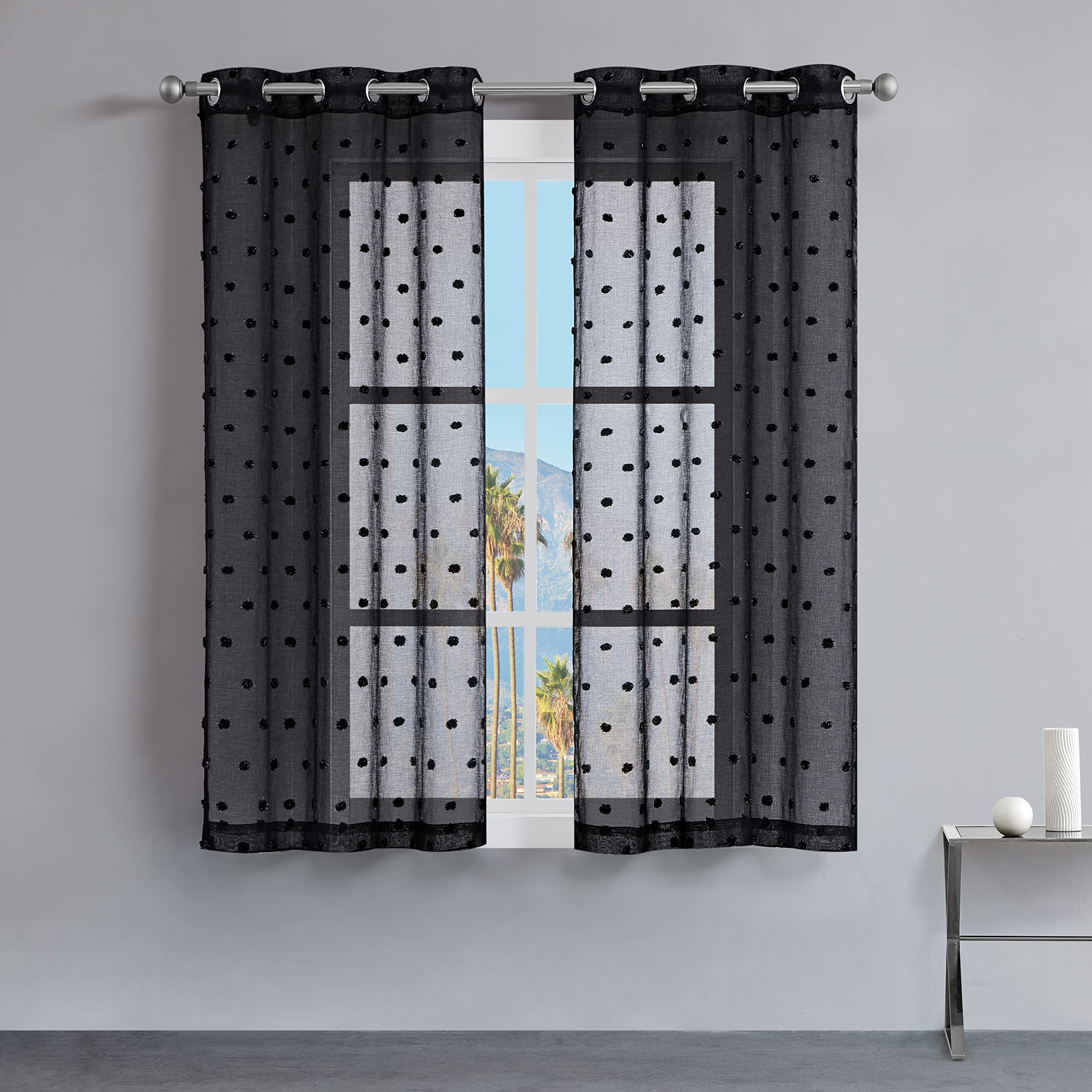 Juicy Couture Evelyn Pom Embroidered Sheer Voile Window Curtains - Lightweight Black Drapes for Living Room & Bedroom - 38