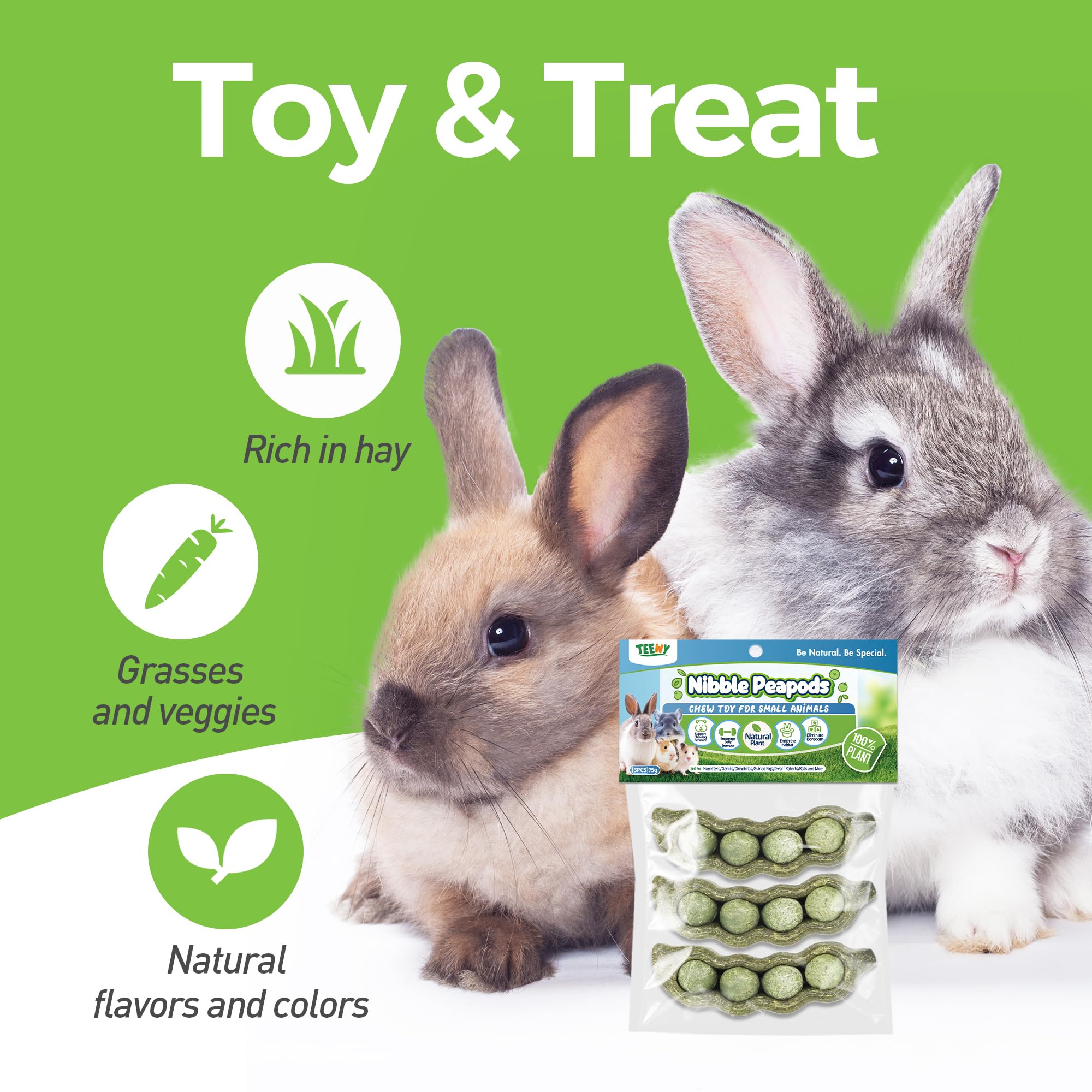3PCS Guinea Pig Chew Toys for Teeth Care - Natural Timothy Grass & Vegetable Chew Sticks for Hamsters, Chinchillas - Peapod-Shaped Small Pet Dental Toys for Cage Enrichment & Boredom Relief