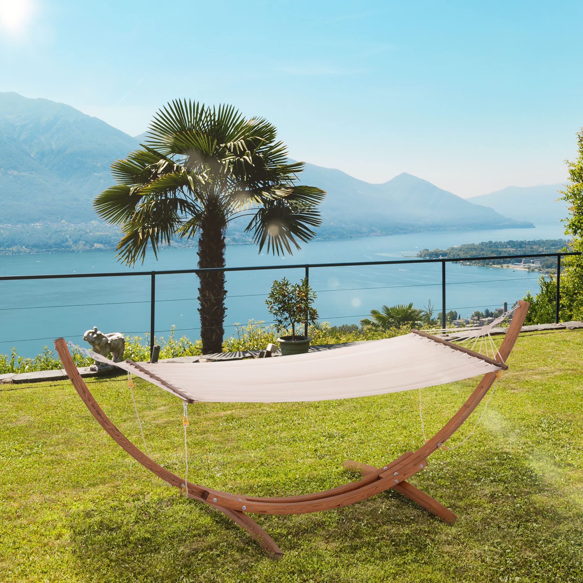 Outsunny 10 Foot Wooden Outdoor Hammock with Stand - Heavy Duty Roman Arc Rainbow Hammock for Single Person - Perfect for Patio, Backyard, Balcony, Porch & Garden Relaxation - White