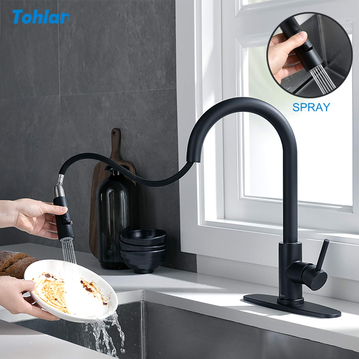Tohlar Black Kitchen Faucet with Pull-Down Sprayer - Single Handle Modern Stainless Steel Sink Faucet with Deck Plate - Perfect for Home, Restaurant & Commercial Kitchen Use