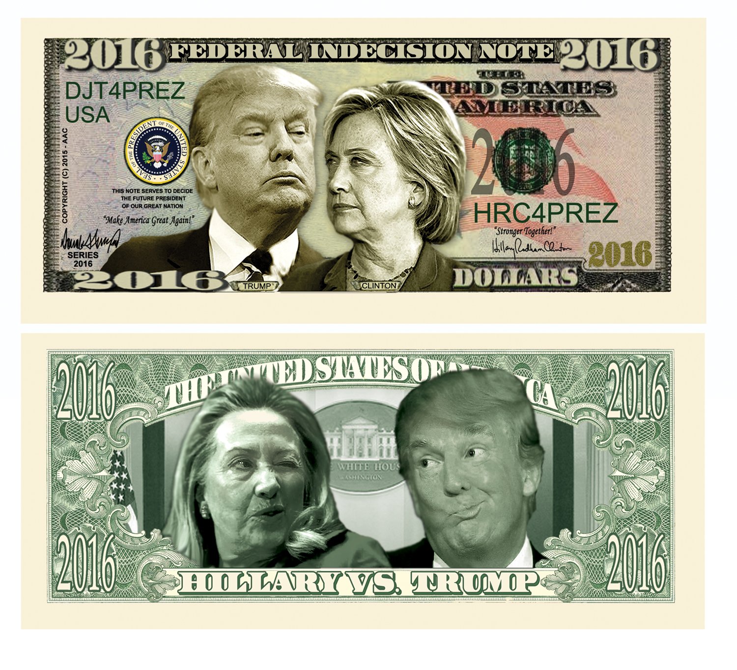 Donald Trump vs Hillary Clinton 2016 Election Novelty Dollar Bill - Collectible Political Memorabilia - Funny Gift for Democrats & Republicans - Perfect for Political Debates, Office Decor & Election Parties