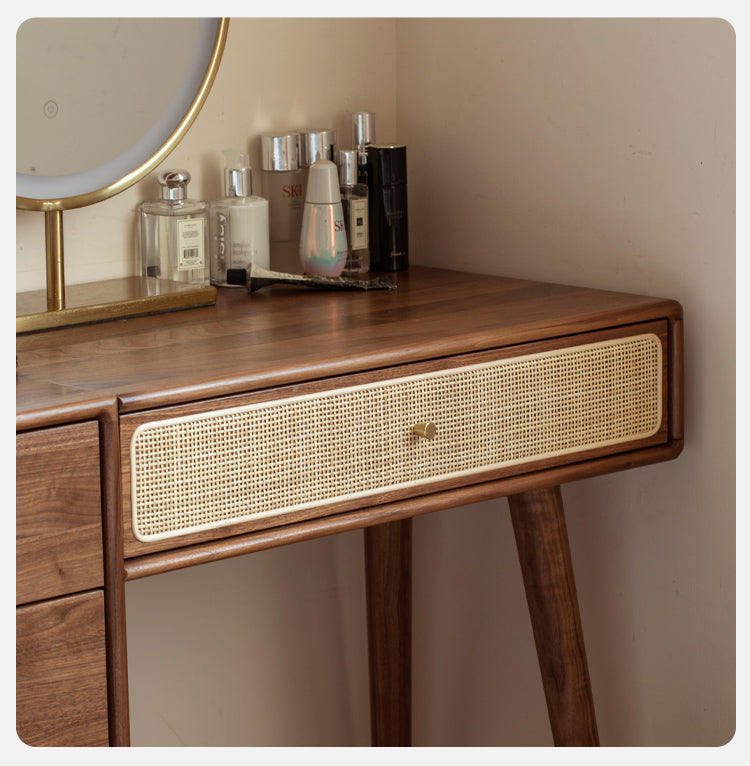 Premium Black Walnut Solid Wood Rattan Vanity Dressing Table - Elegant Makeup Desk with Mirror for Bedroom, Bathroom & Boudoir Organization
