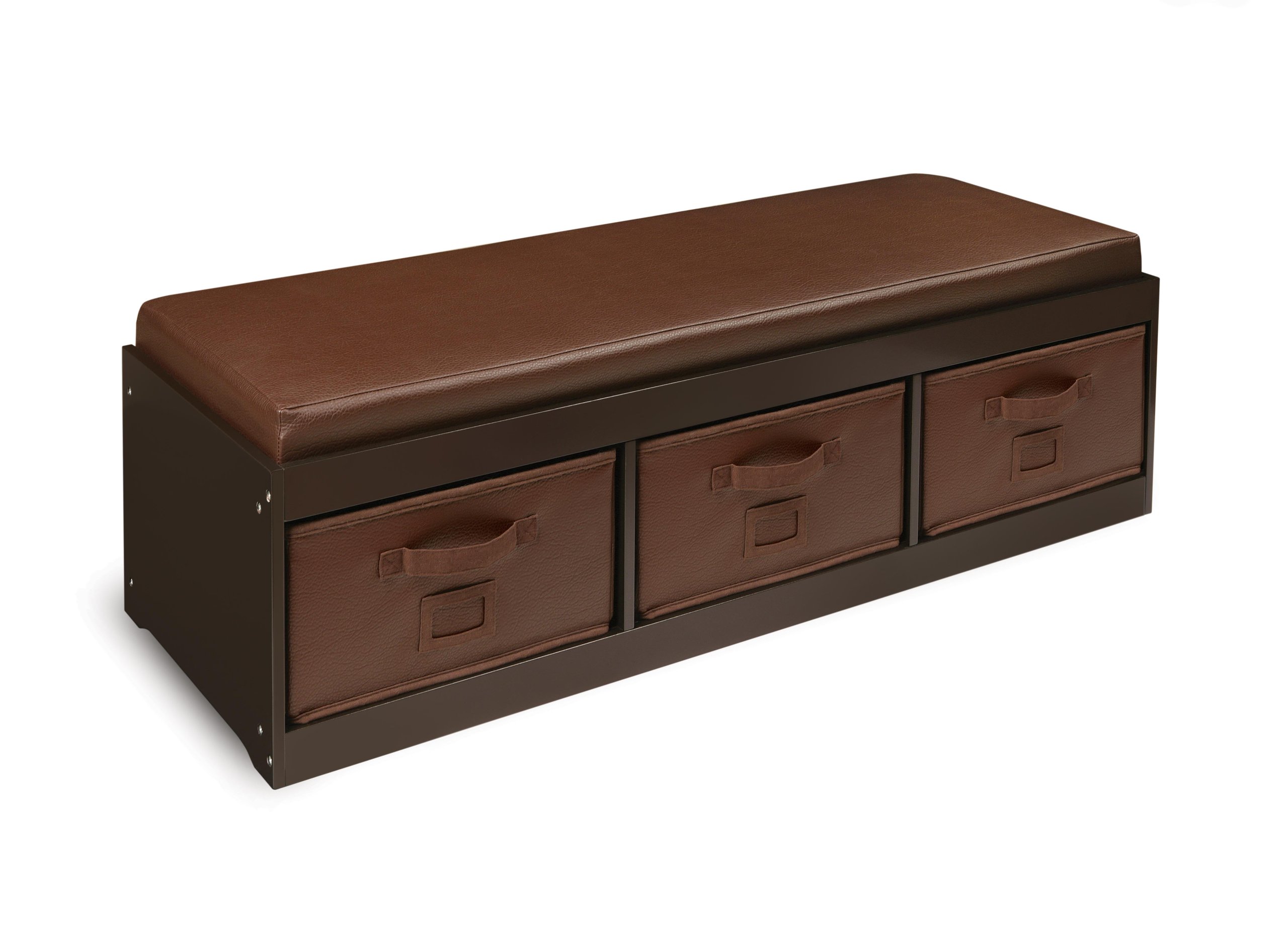Badger Basket Kids Toy Storage Bench with Cushion & 3 Fabric Bins - Espresso Brown - Organize Playroom, Nursery or Bedroom Toys - Perfect for Home, Daycare & Preschool