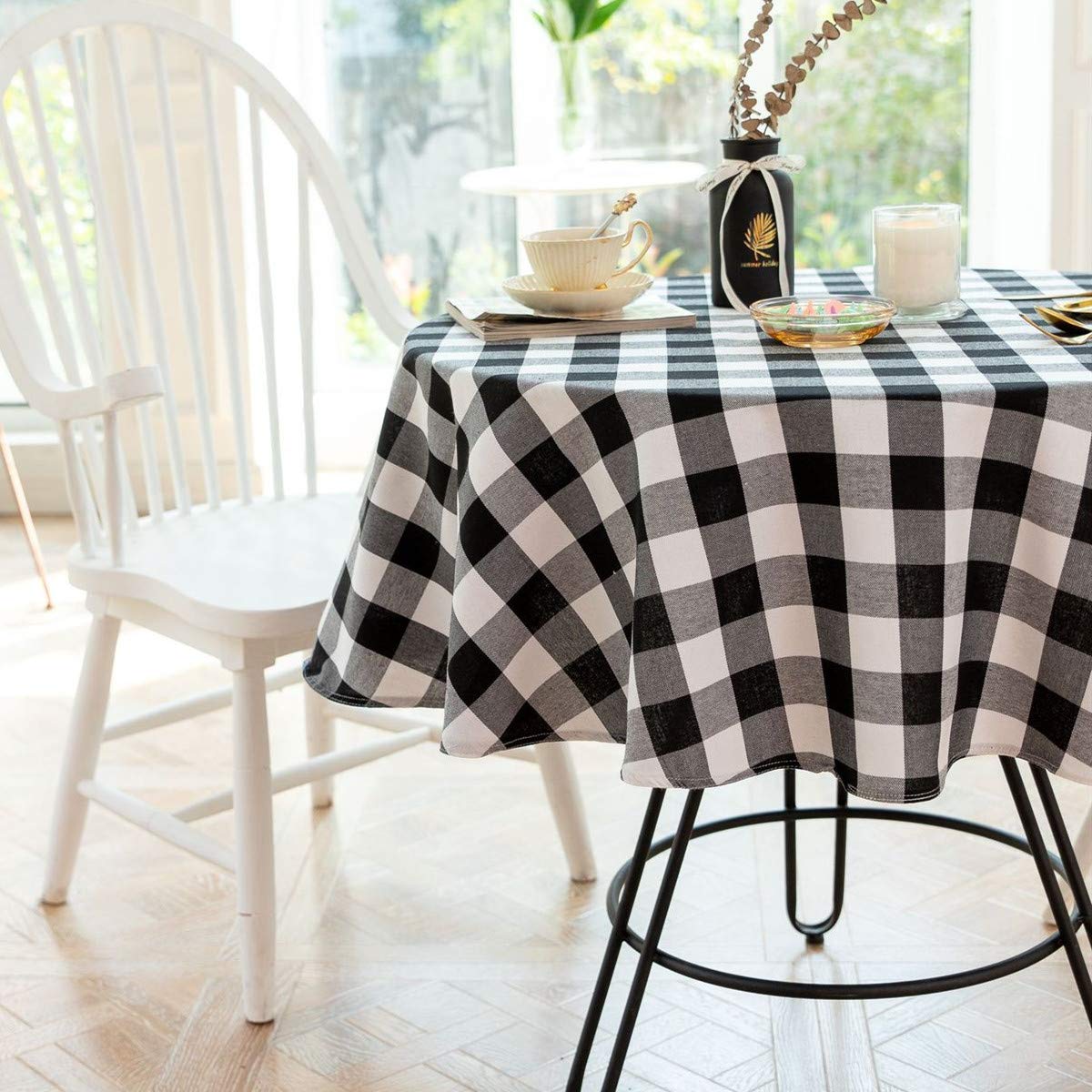 70 Inch White & Black Buffalo Plaid Round Tablecloth - Cotton Linen Checkered Table Cover for Farmhouse, Dining Room, Kitchen Decor | Perfect for Holiday Dinners, Rustic Weddings & Cozy Home Gatherings
