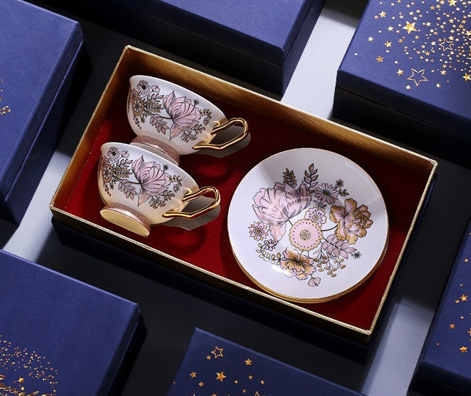 Elegant Ceramic Coffee Cups & British Tea Set with Iris Flower Design - Royal Bone China Porcelain Tea Cup and Saucer Set in Gift Box - Perfect for Afternoon Tea, Gifts, and Home Decor