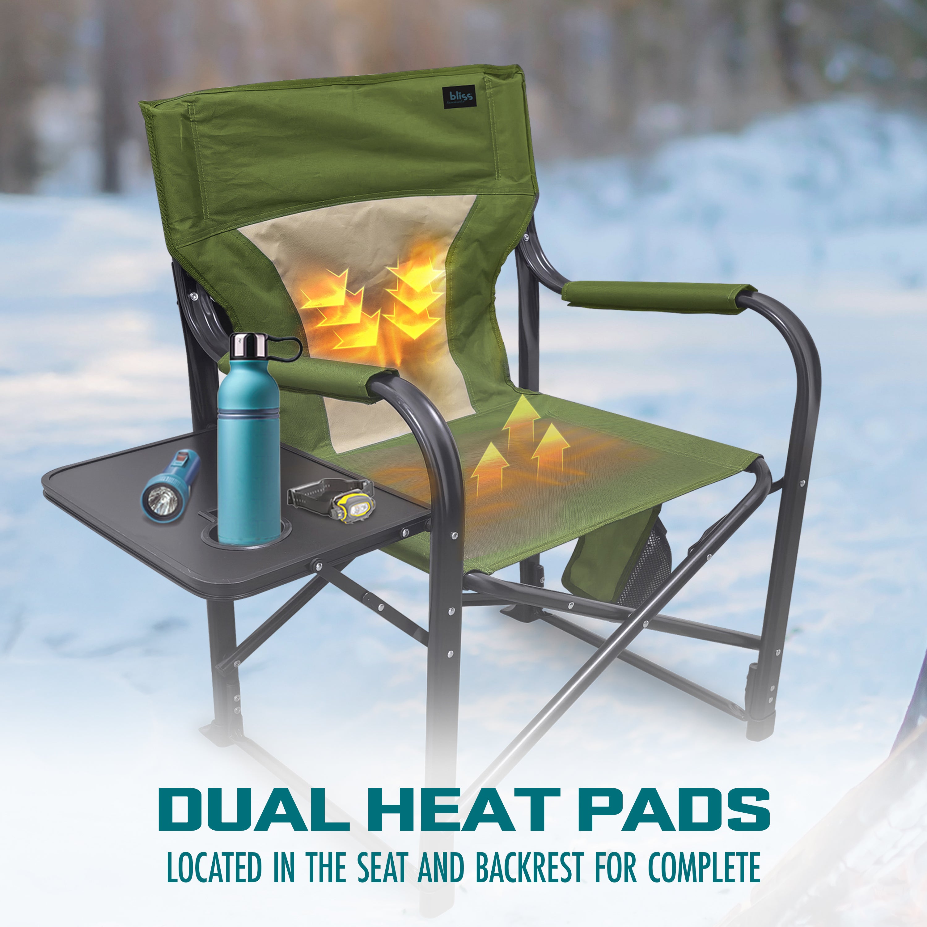 Bliss Hammocks BHC 24VH GRN 24 Volt Heated Directors Chair | 21 Inch Wide Seat | 3 Temperature Settings | 2.0 Ah Battery & Charger Included | Perfect for Outdoor Camping, Hunting, and Patio Relaxation
