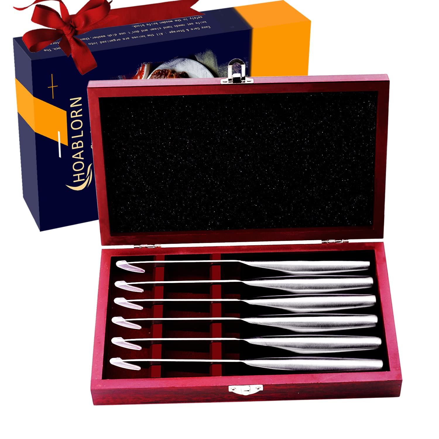 Premium Damascus Steel Steak Knives Set of 6 - Razor Sharp Serrated Blades for Perfect Steak Cutting - Ideal for Home Dining, BBQ Parties & Restaurant Use