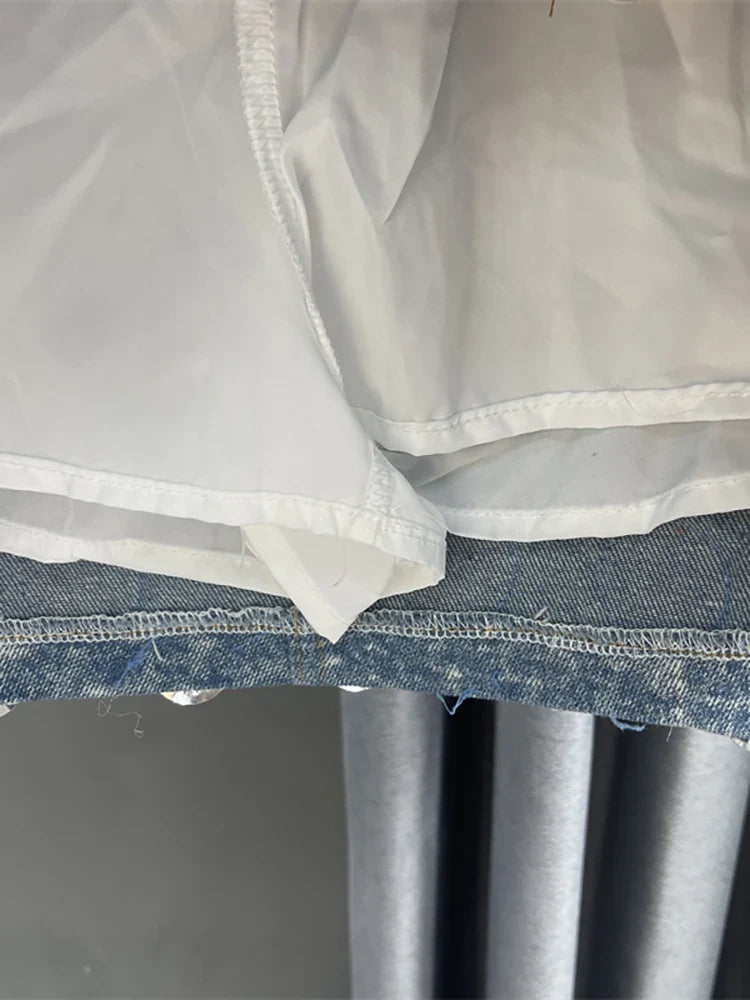 DEAT Women's High Waist Denim Mini Skirt with Sequin Patchwork - Summer Fashion Wrap Skirt in Blue | Perfect for Casual Outings, Parties & Street Style