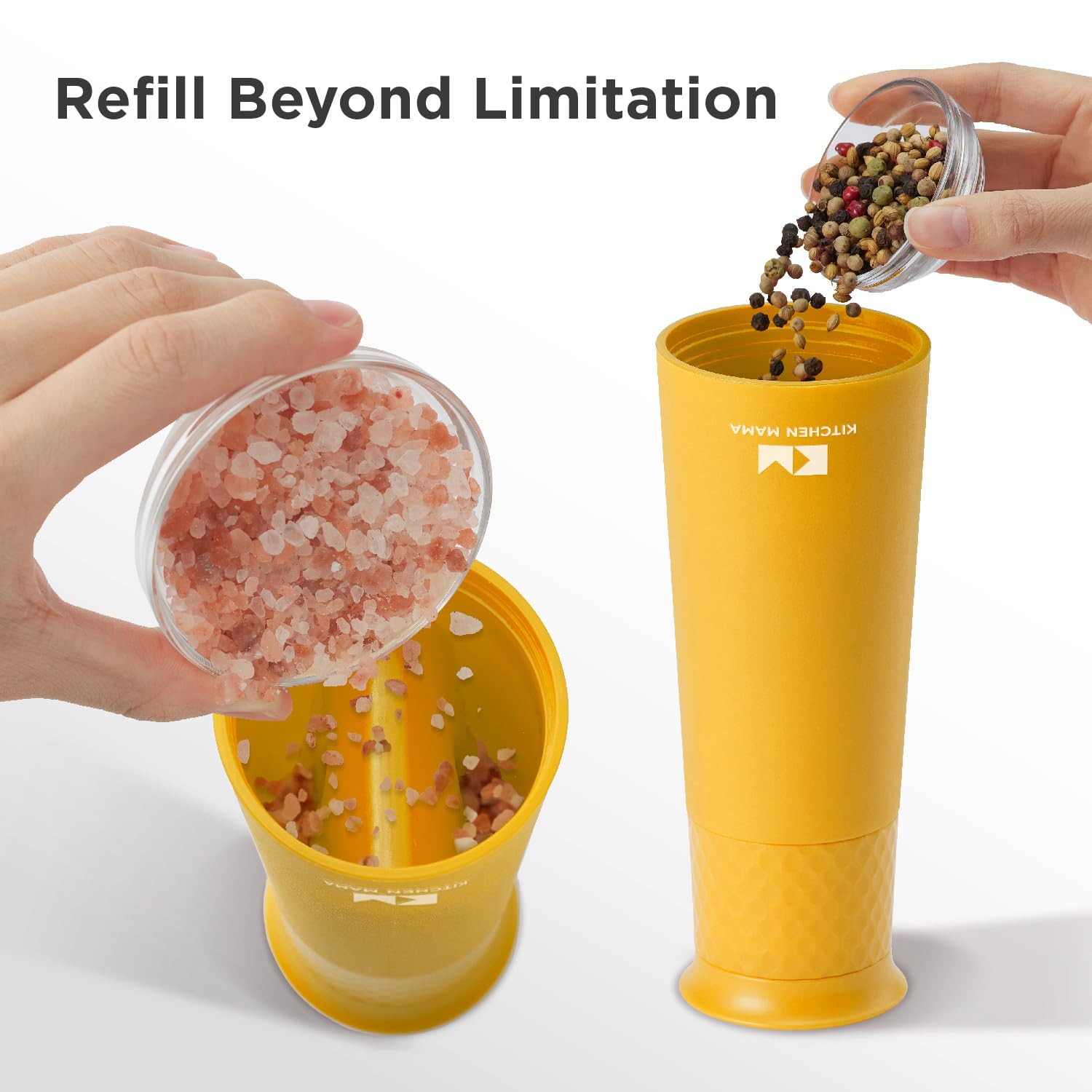 Rechargeable Electric Gravity Salt and Pepper Grinder - Adjustable Coarseness, One-Hand Operated, Refillable & Lightweight Spice Shaker Dispenser (Yellow) | Perfect for Kitchen, Dining Table, Camping & Outdoor Cooking