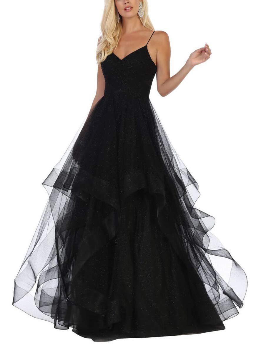 Elegant Black V-Neck Sequin Tulle Prom Dress with Spaghetti Straps - Perfect for Weddings, Formal Balls & Evening Gala Events