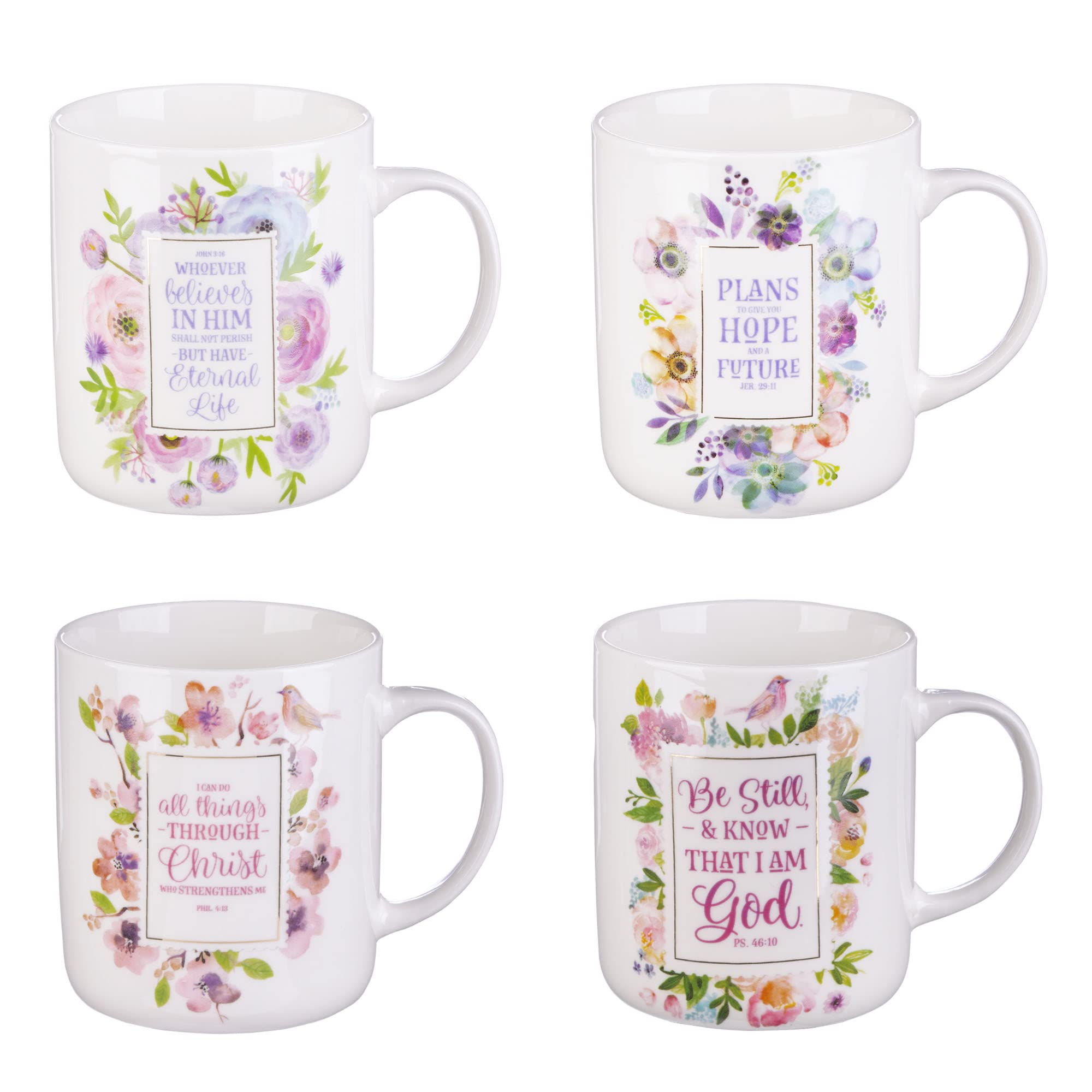 Inspirational Christian Ceramic Coffee & Tea Mug Set for Women - Watercolor Flowers & Bible Verse Design | Boxed Set of 4 | Perfect for Bible Study, Prayer Time & Christian Gift Giving