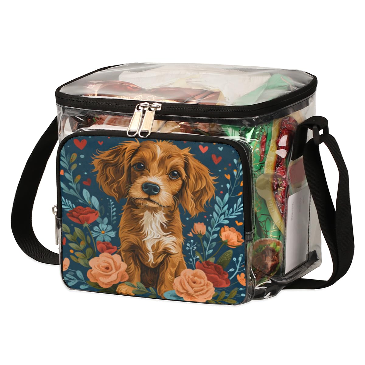 Valentine's Day Clear Tote Bag with Handles - Transparent Crossbody Shoulder Bag for Dog Lovers | Perfect for Lunch, Outdoor Travel, Picnic, Concerts & Sports Events | Stadium Approved Multi-Purpose Purse