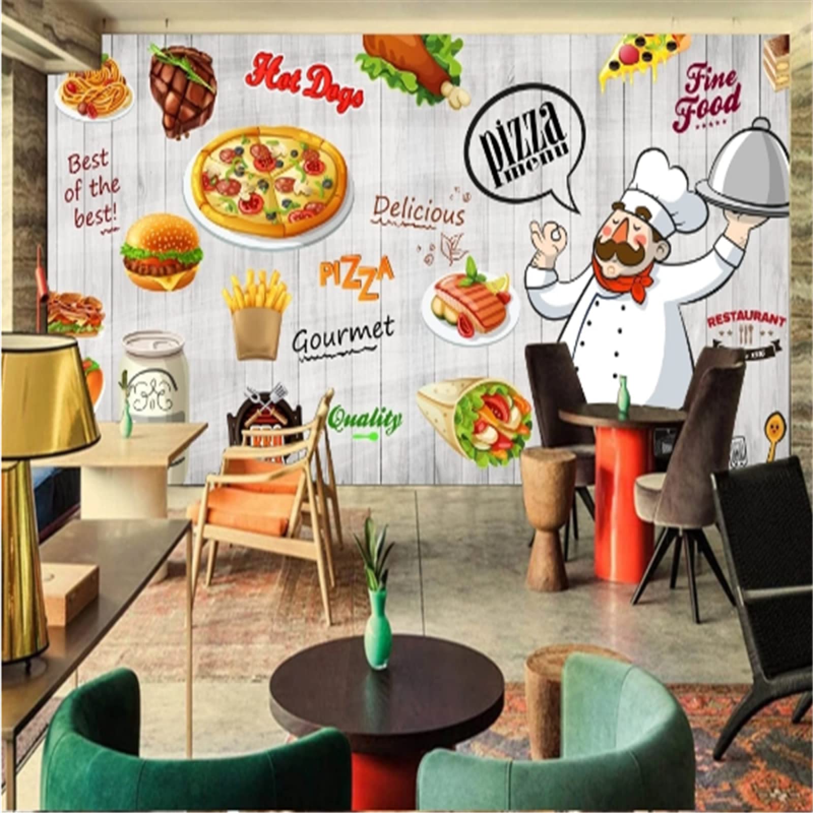 3D Wooden Wall Background Wallpaper - Burger Pizza Hot Dogs Fast Food Theme for Restaurant & Snack Bar Decor (250x175 cm) - Perfect for Diner, Cafe, and Food Truck Interior Design