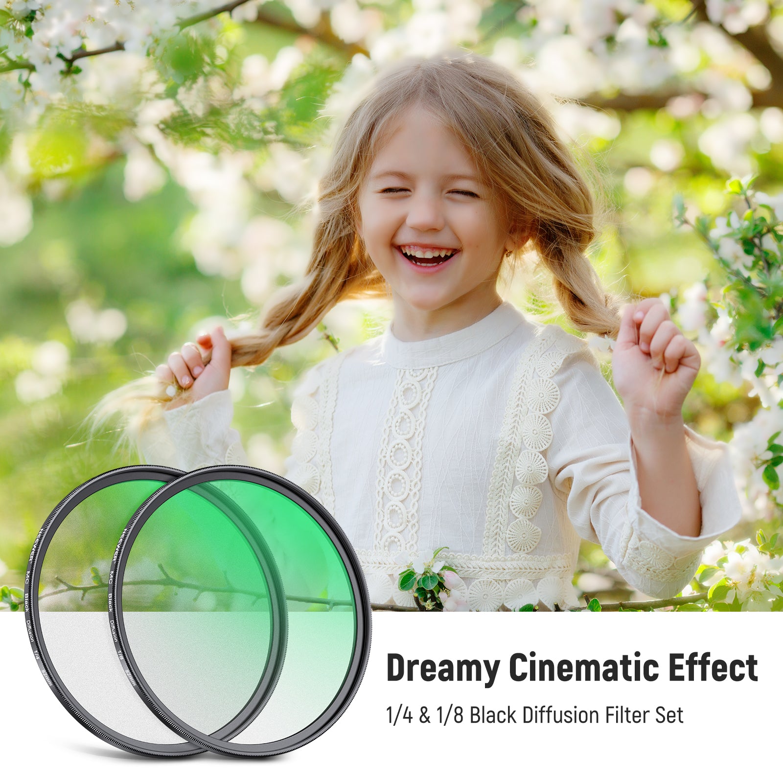 NEEWER 2 Pack 1/4 & 1/8 Black Diffusion Lens Filters for DSLR Cameras - Soften Harsh Light & Create Cinematic Effects for Photography & Videography